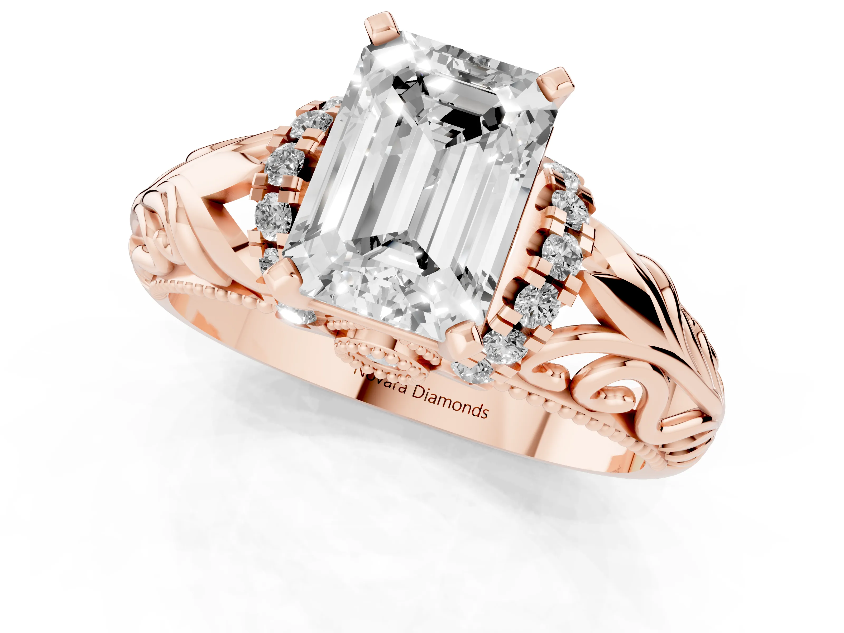 Emerald Cut Diamond Filigree Halo Engagement Ring Set in Rose gold with Prong Setting