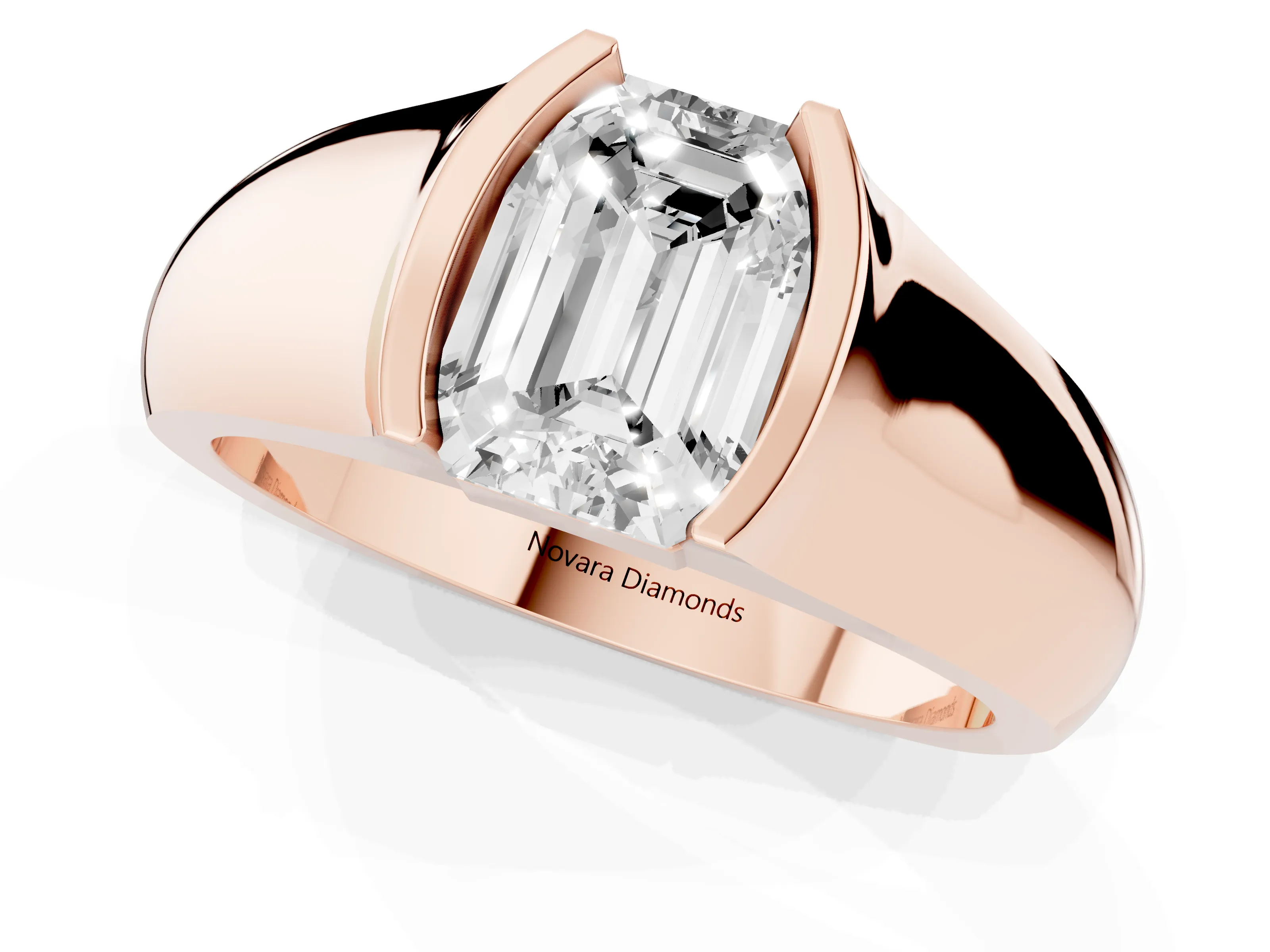 Emerald Cut Diamond Bezel Solitaire Ring Set in Rose gold with Wide Band