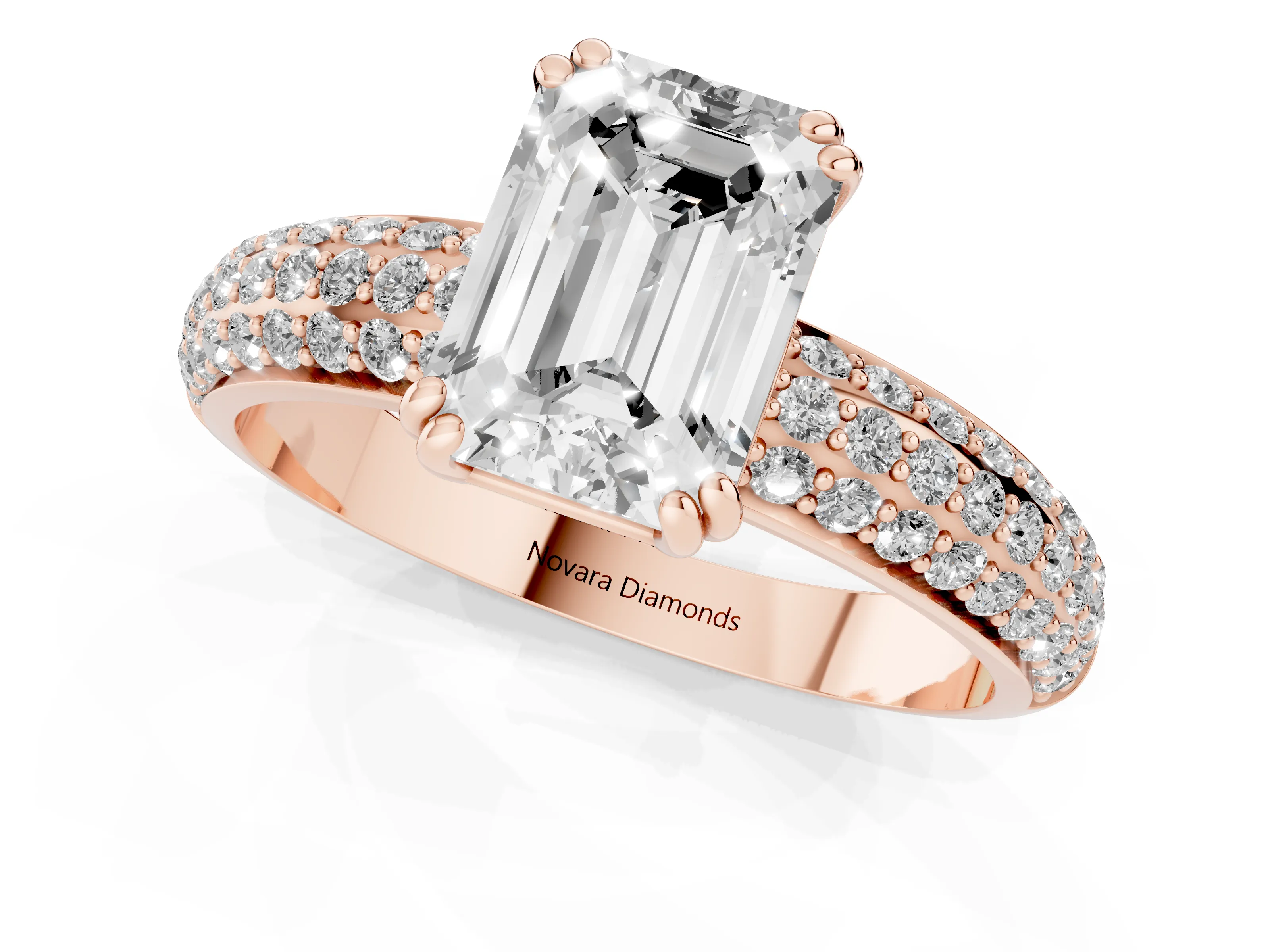 Emerald Cut Diamond Solitaire Ring Set in Rose gold with Multi-Row Round Pavé Band and Prong Setting