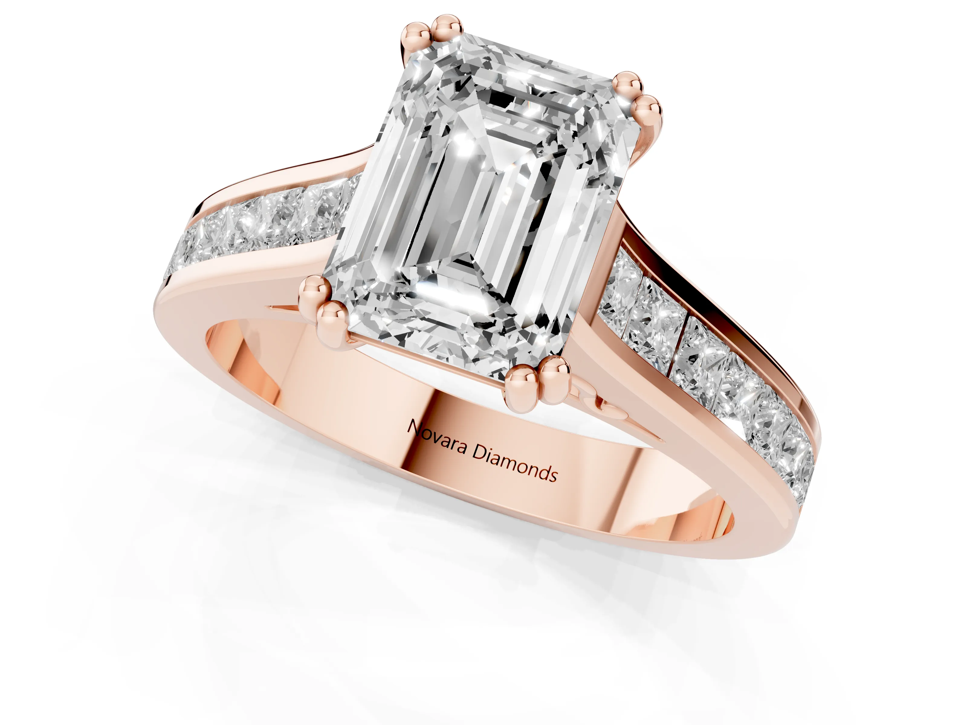 Emerald Cut Diamond Channel Set Solitaire Engagement Ring Set in Rose gold with Prong Setting
