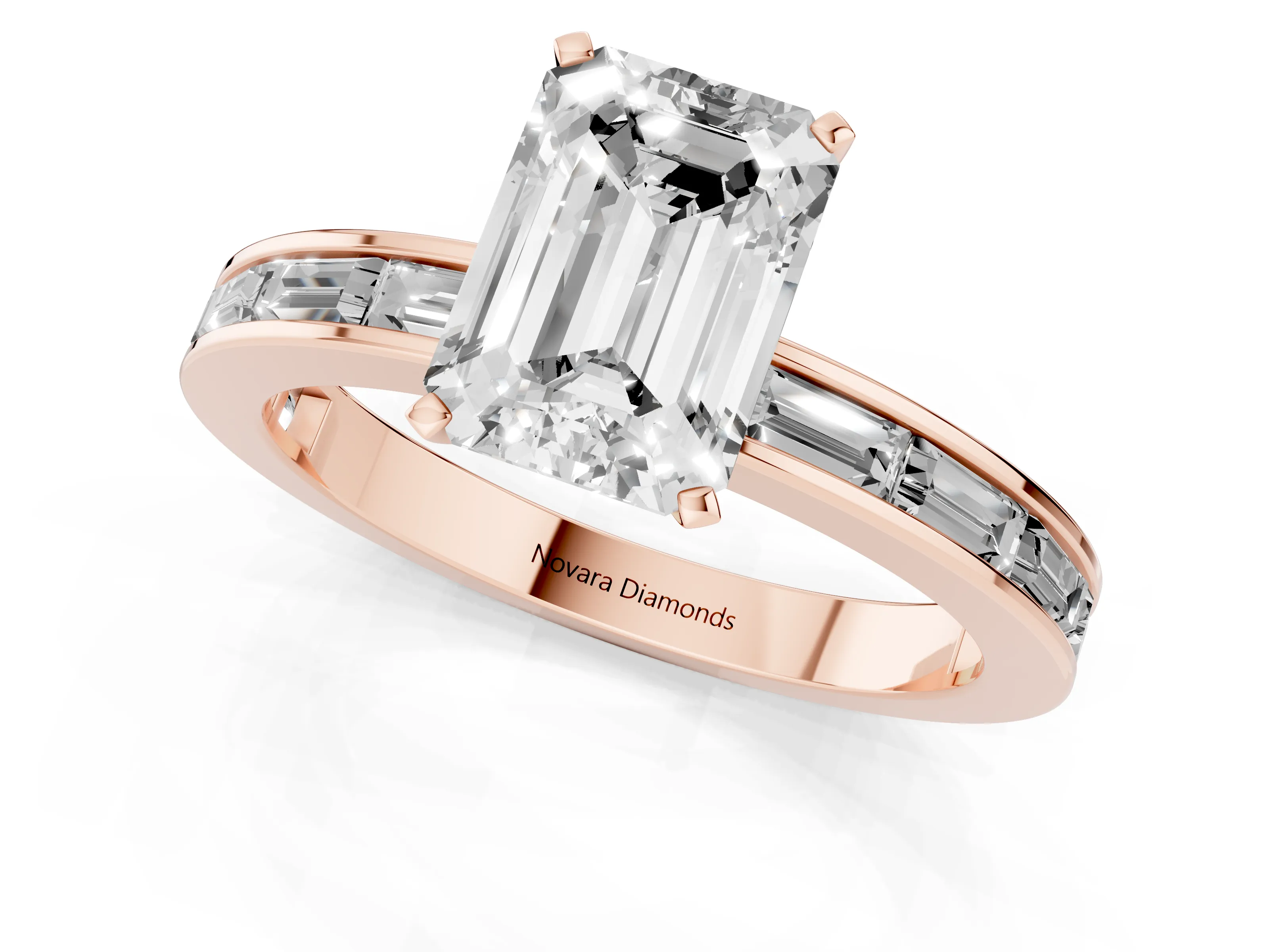 Emerald Cut Diamond Solitaire Ring Set in Rose gold with Channel-Set Baguette Band and Prong Setting