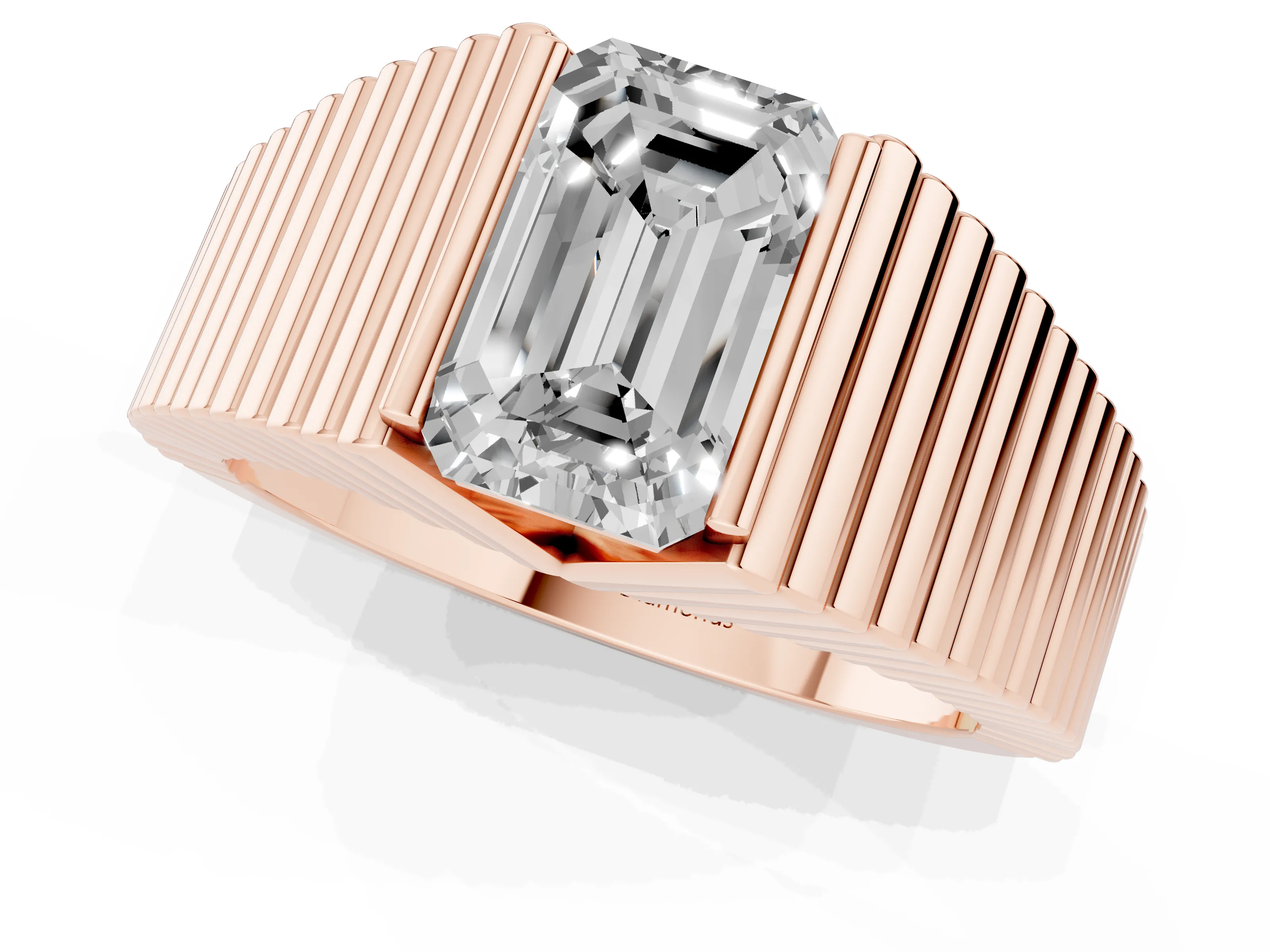 Emerald Cut Diamond Mens Ring Set in Rose gold with Fluted Band – second view