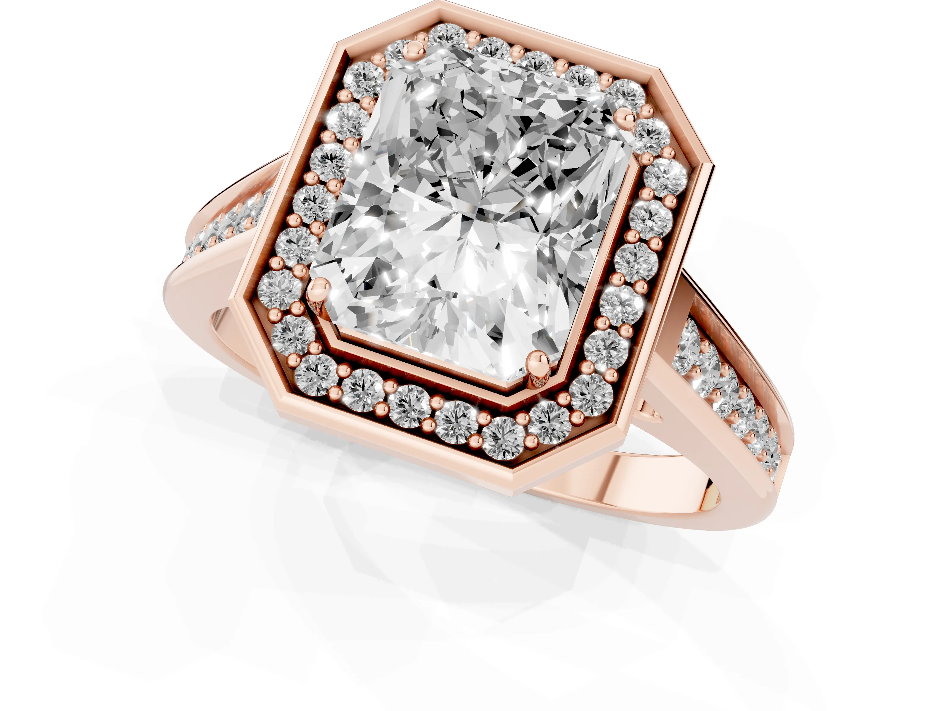 Emerald Cut Diamond Halo Solitaire Ring Set in Rose gold with Pavé Band and Bezel Setting