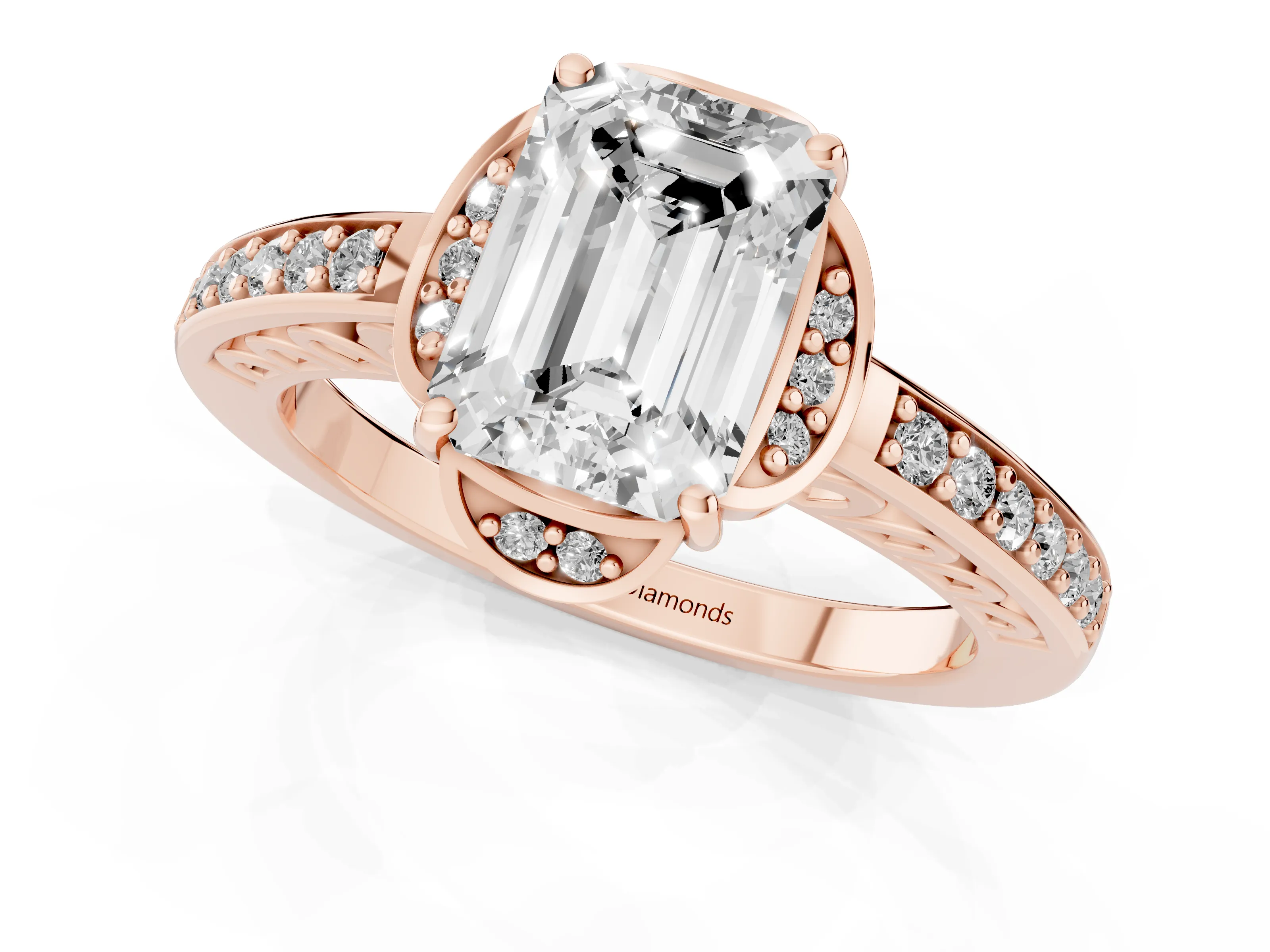 Emerald Cut Diamond Halo Ring Set in Rose gold with Channel Set Band and Prong Setting