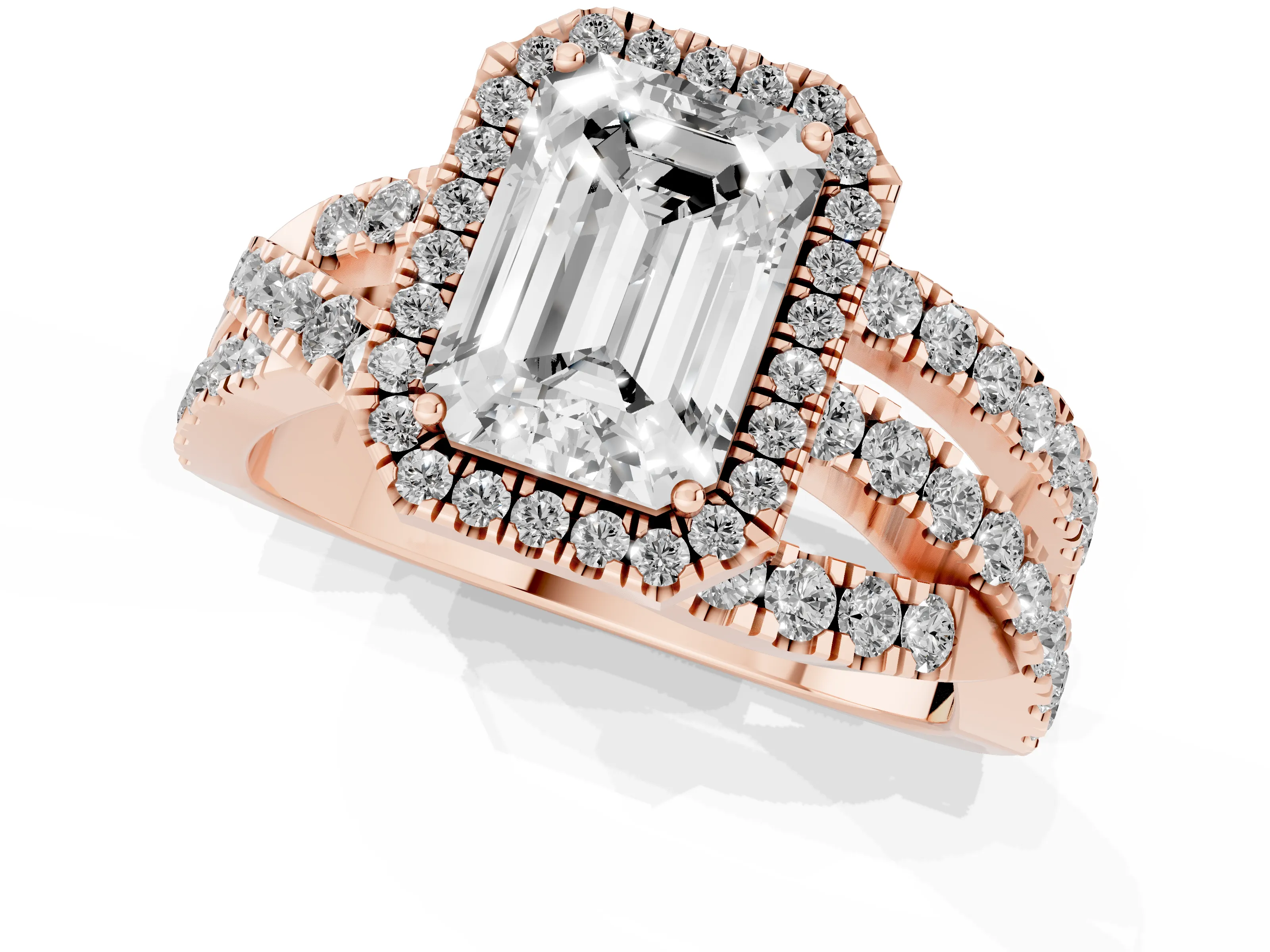 Emerald Cut Diamond Halo Ring Set in Rose gold with Round Crossover Split Shank and Prong Setting