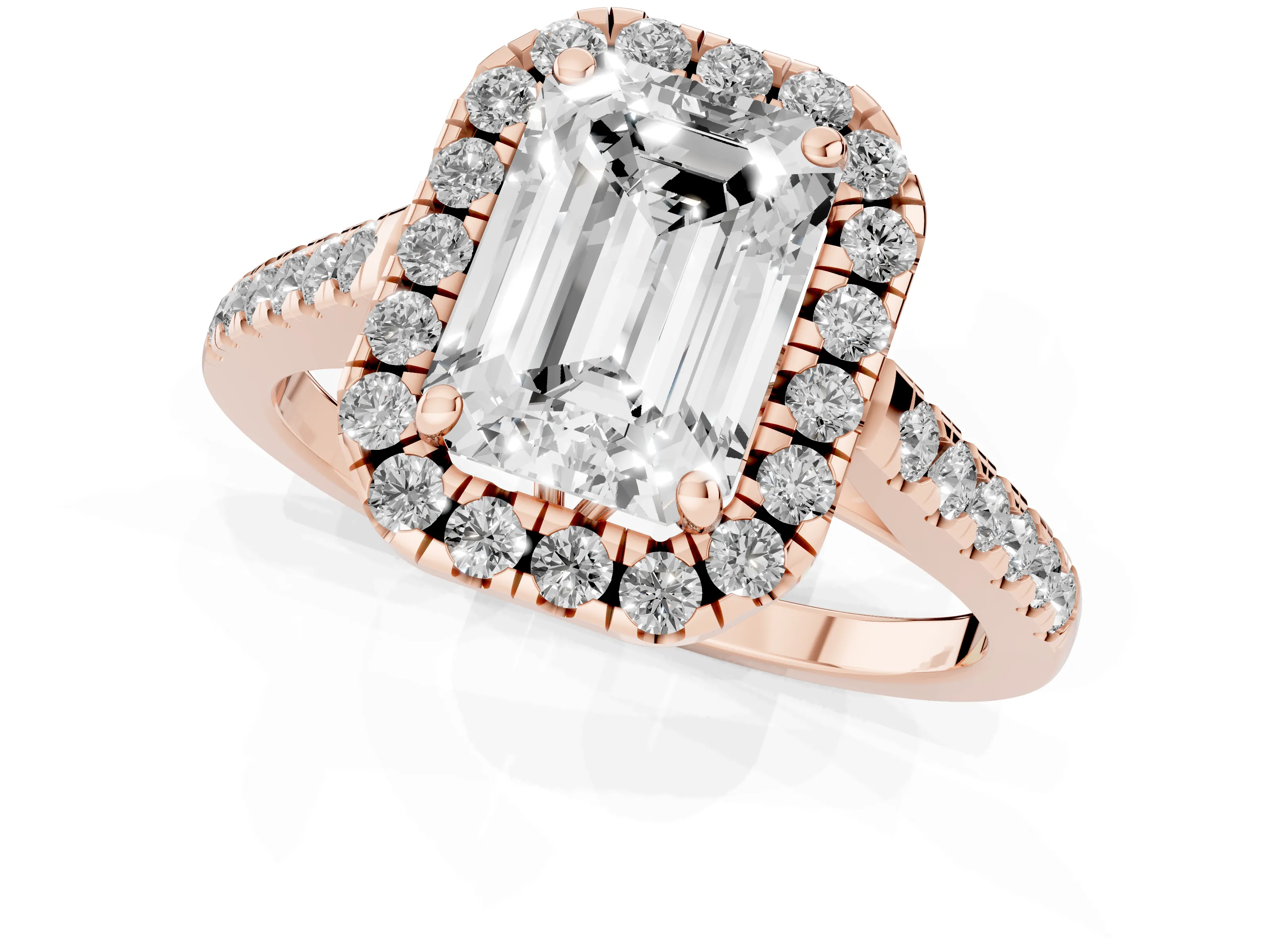 Emerald Cut Diamond Pavé Halo Engagement Ring Set in Rose gold with Pavé Band and Prong Setting