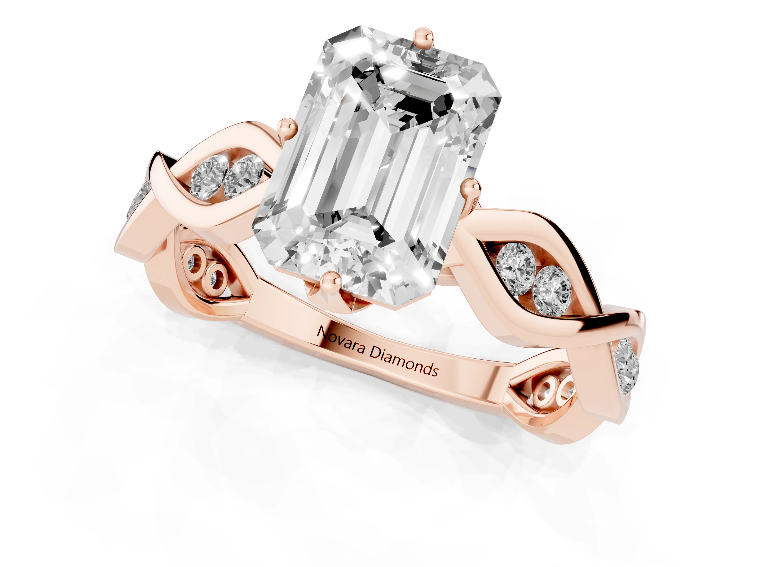 Emerald Cut Diamond Twist Band Solitaire Ring Set in Rose gold with Leaf Prong Setting and Accent Stones
