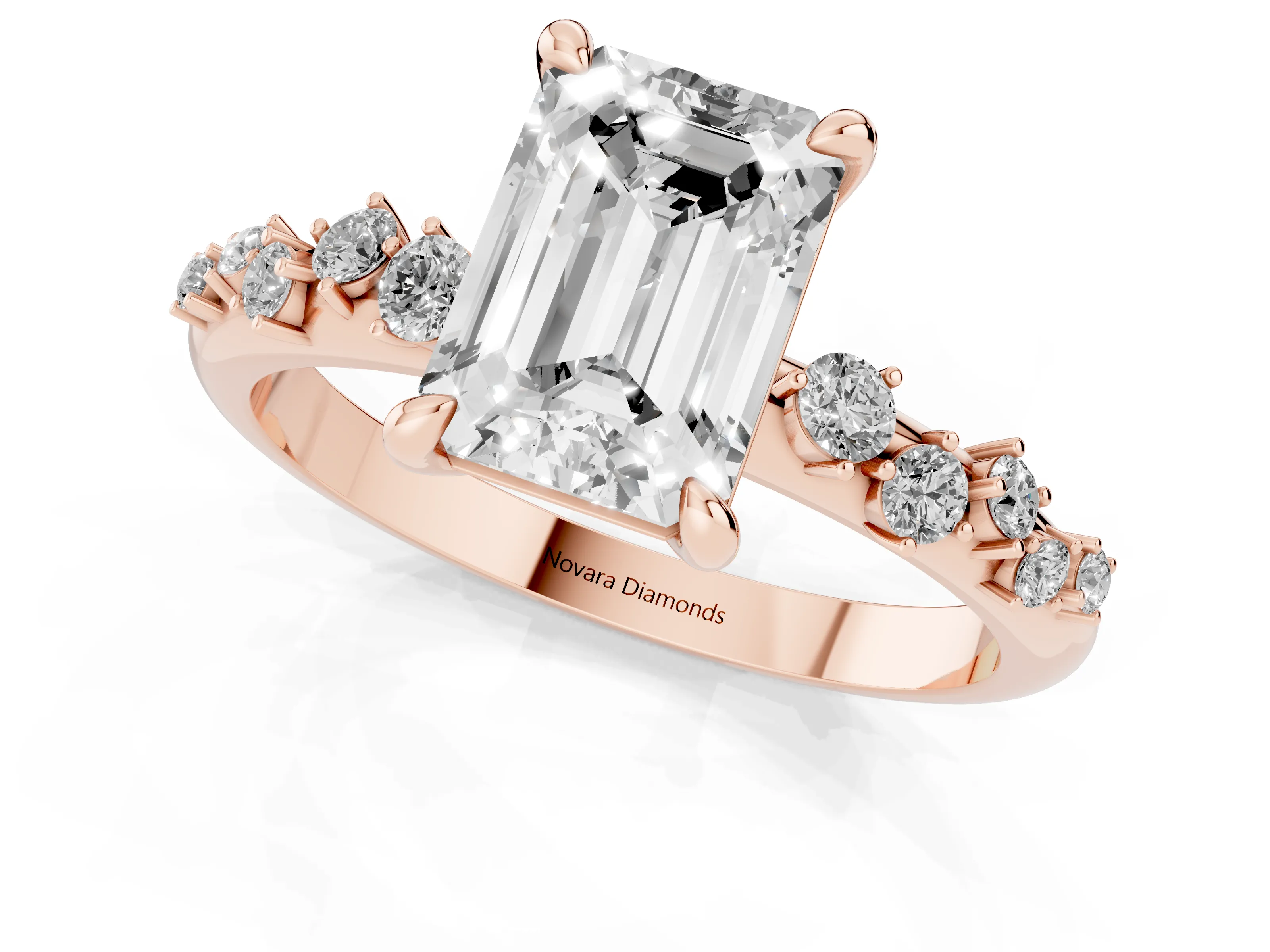 Emerald Cut Diamond Solitaire Vine Band Ring Set in Rose gold with Round Accents and Prong Setting – second view