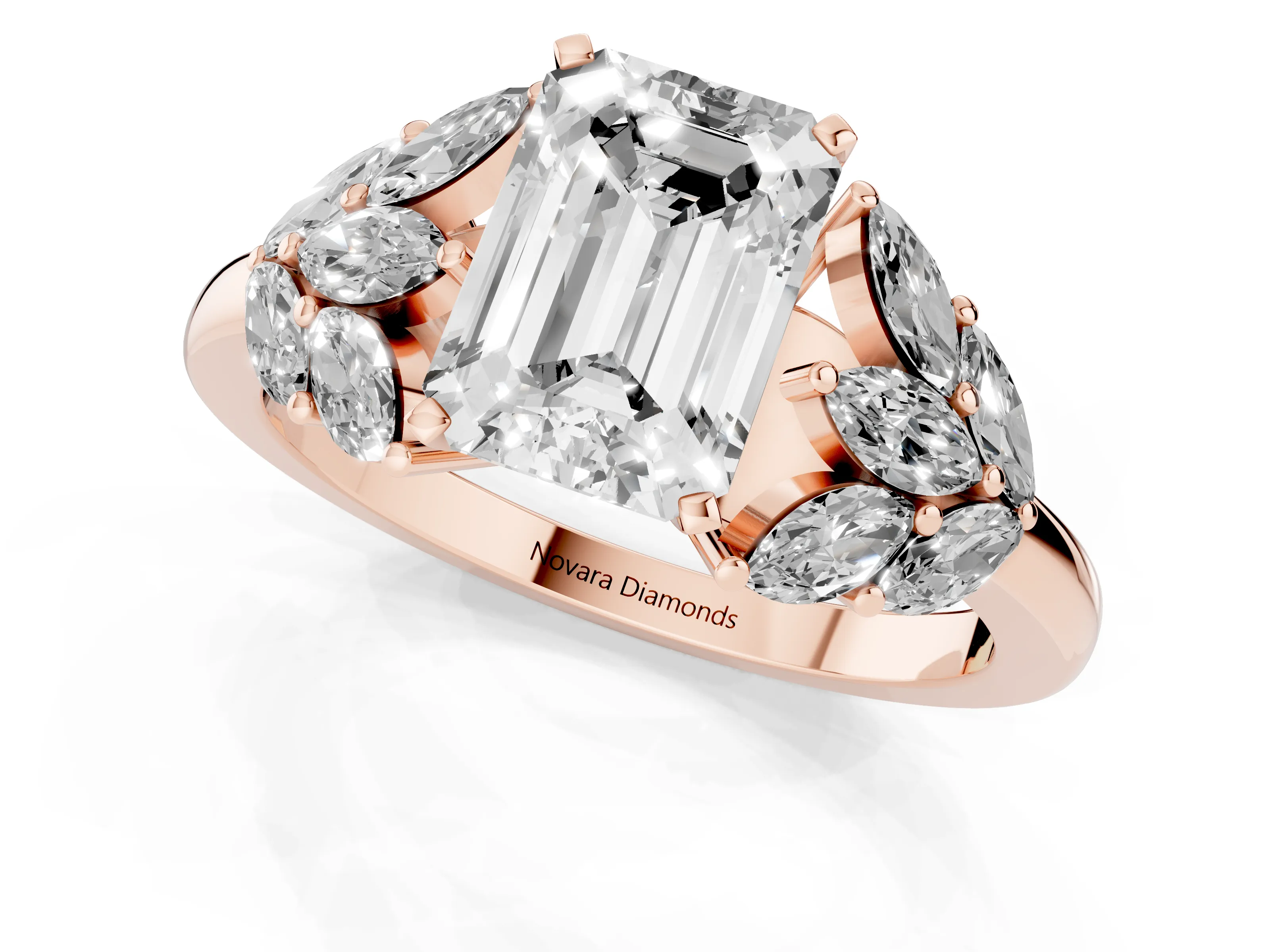 Emerald Cut Diamond Cluster Leaf Design Ring Set in Rose gold with Prong Setting