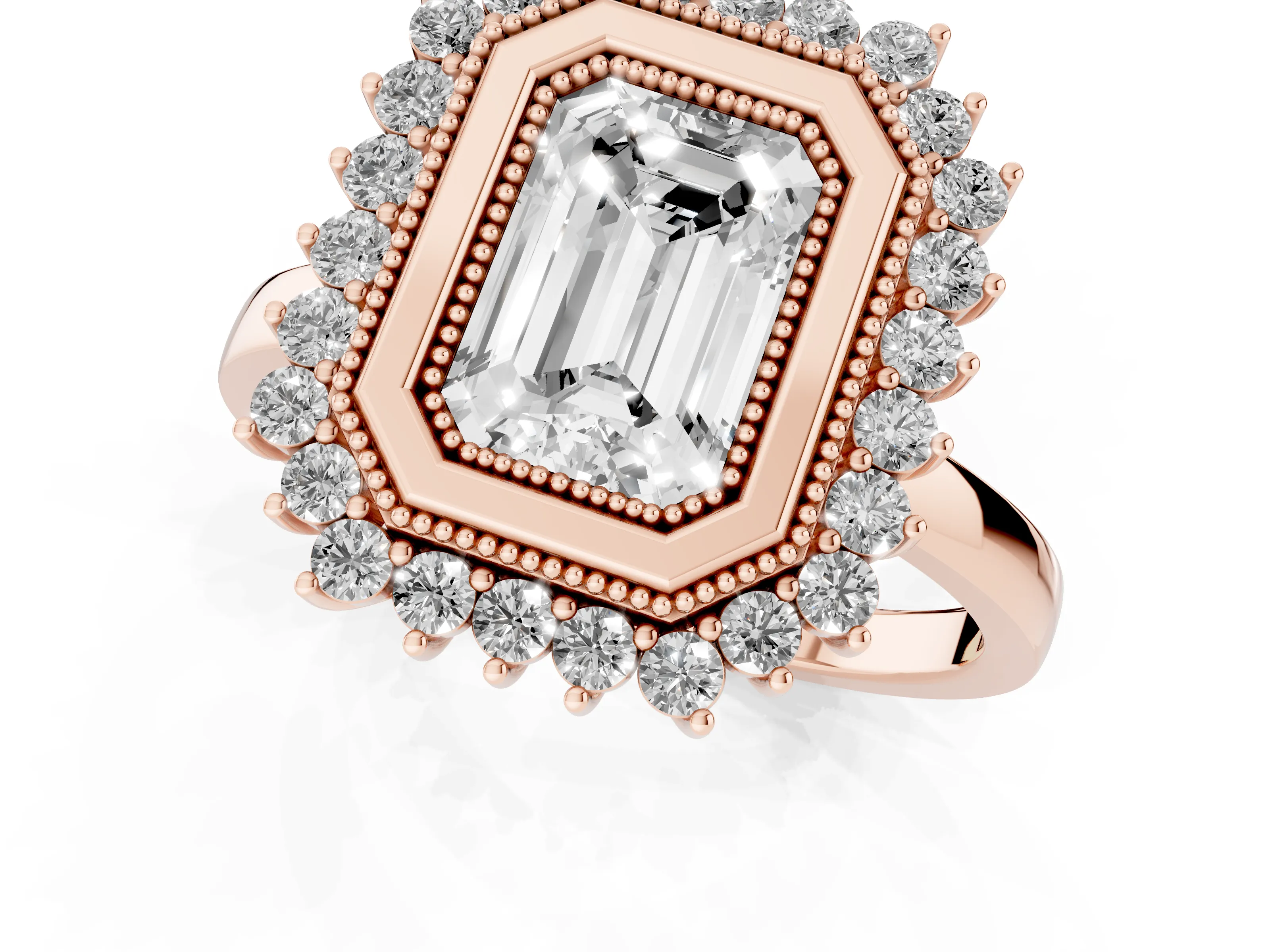 Emerald Cut Diamond Halo Ring Set in Rose gold with Milgrain Edge and Round Prong Setting