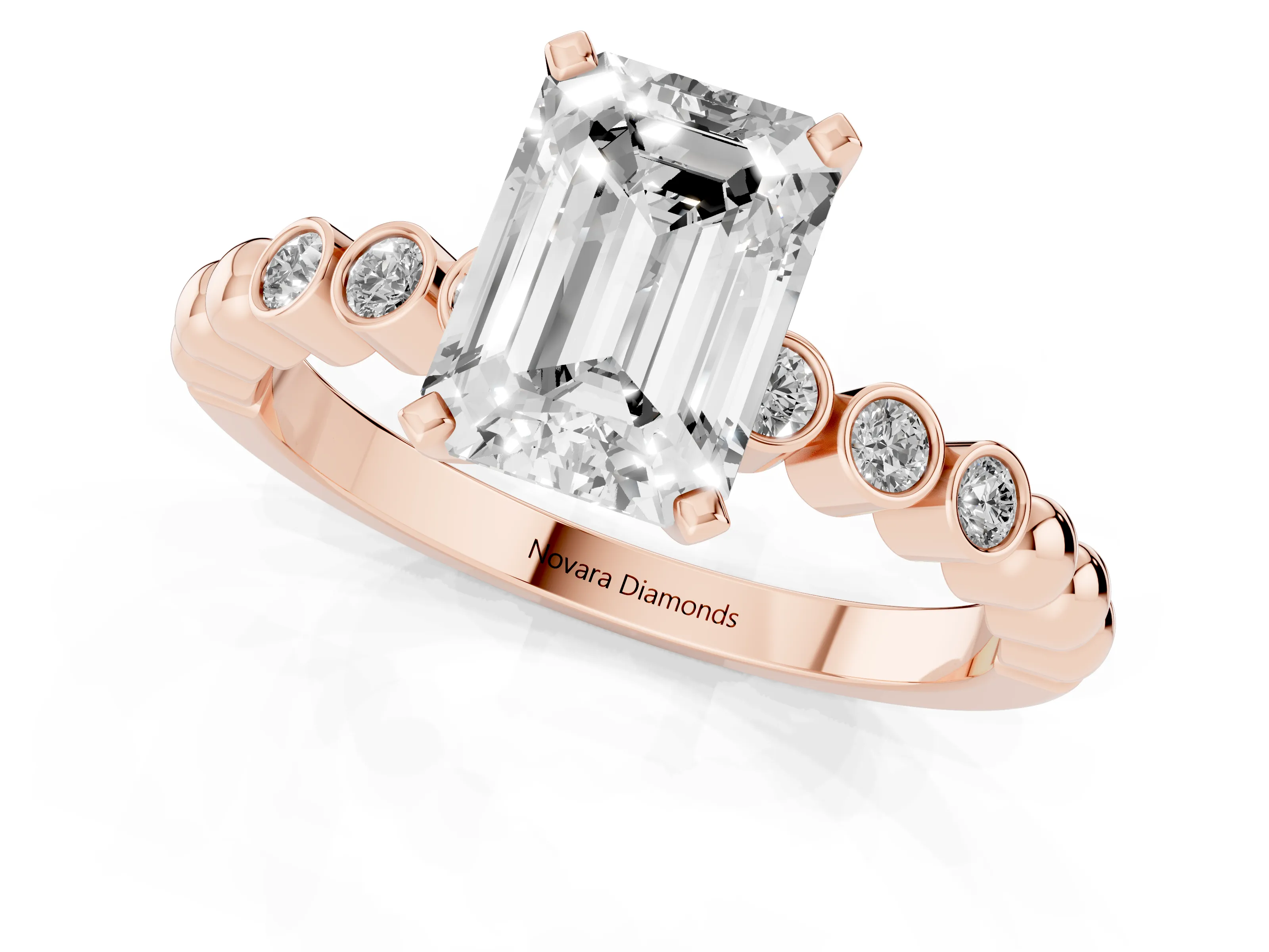 Emerald Cut Diamond Solitaire Engagement Ring Set in Rose gold with Bezel Accents on Beaded Band – second view