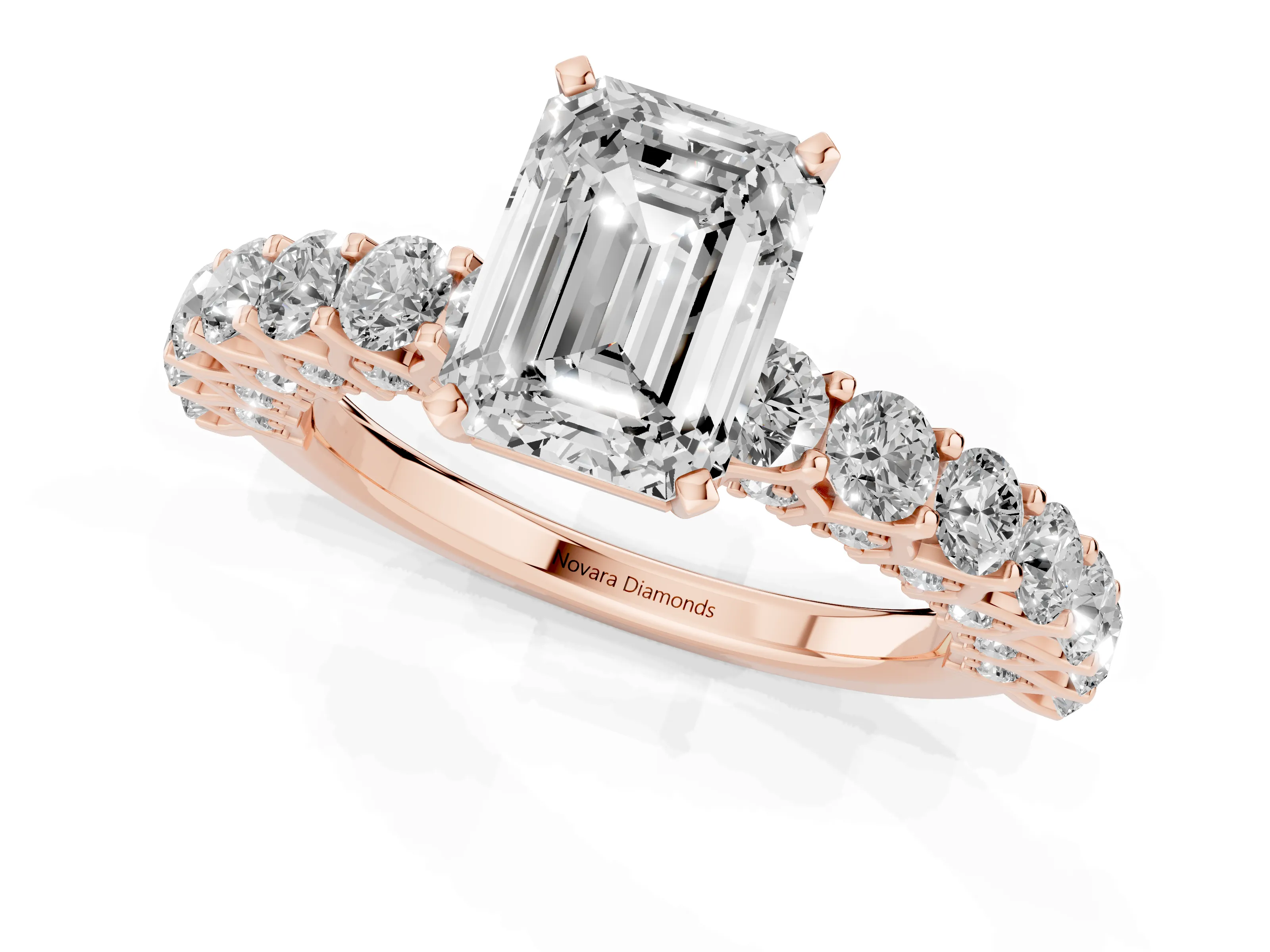 Emerald Cut Diamond Solitaire Ring Set in Rose gold with Shared Prong Pavé Band