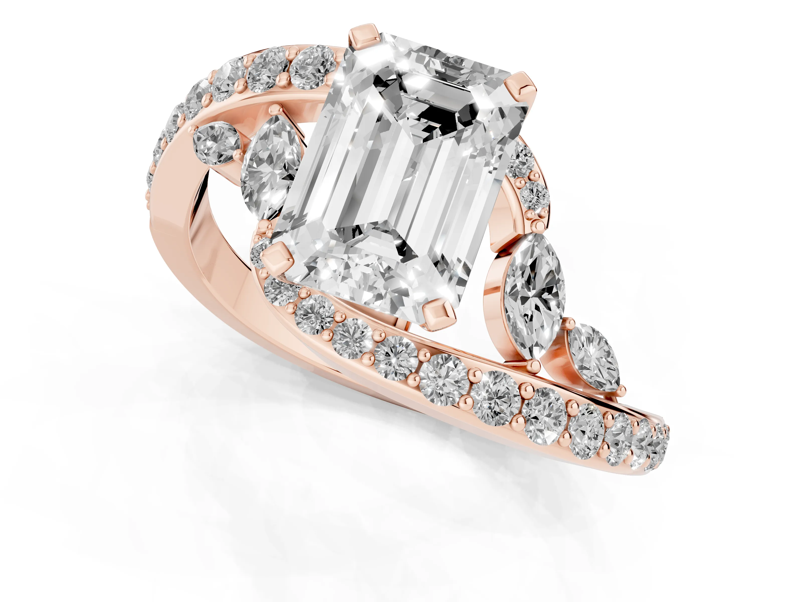 Emerald Cut Diamond Solitaire Ring Set in Rose gold with Pavé Twist Band and Secure Prong Setting