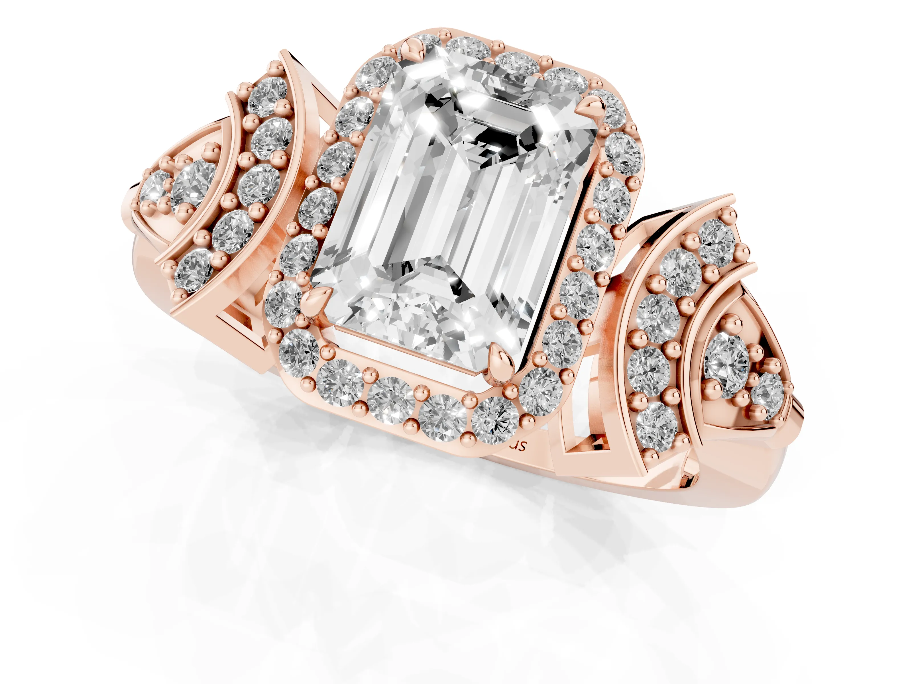 Emerald Cut Diamond Halo Engagement Ring Set in Rose gold with Accent Stone Split Shank