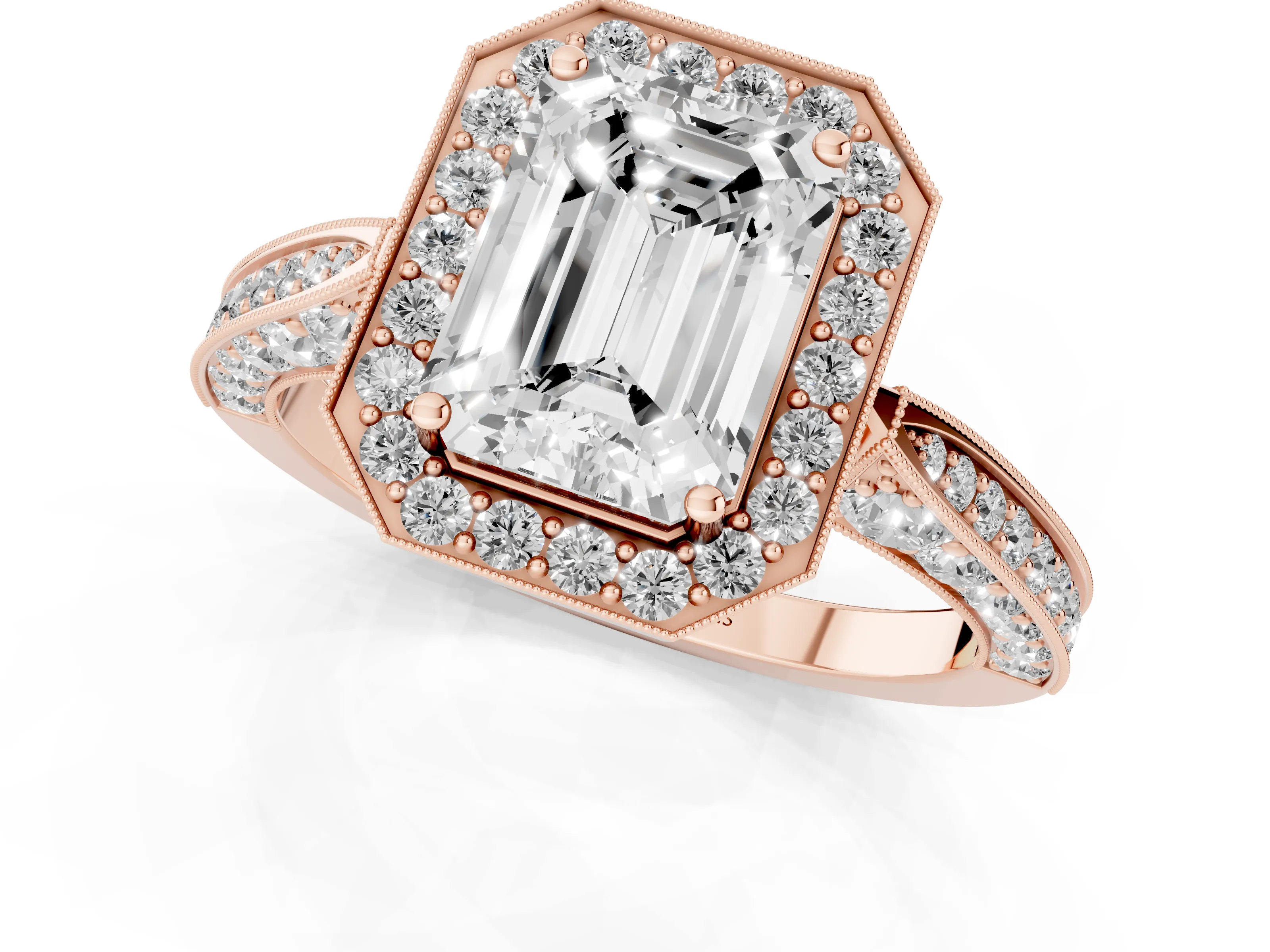 Emerald Cut Diamond Halo Engagement Ring Set in Rose gold with Accent Split Shank Band