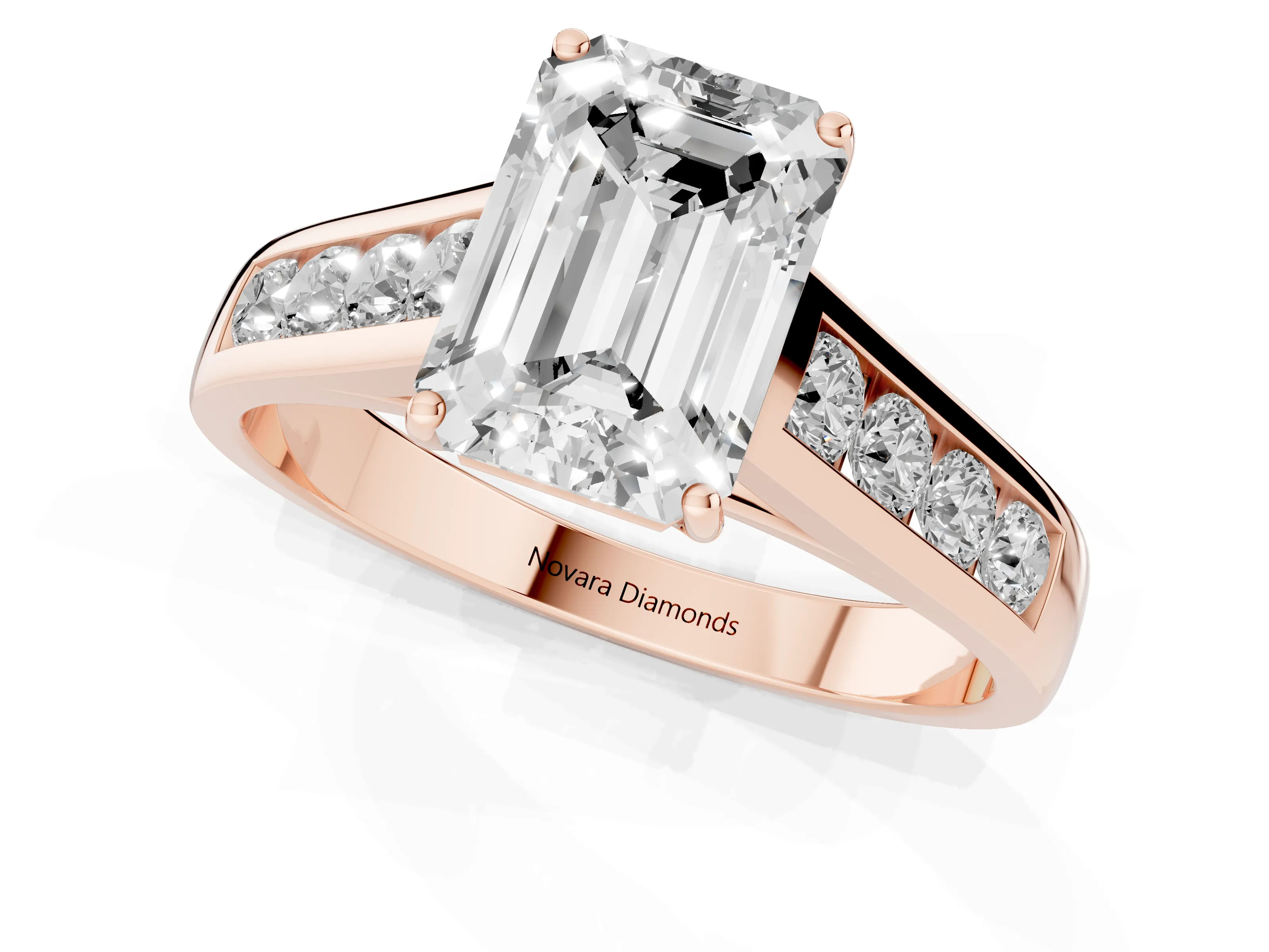 Emerald Cut Diamond Brilliant Channel-Set Solitaire Ring Set in Rose gold with Prong Setting
