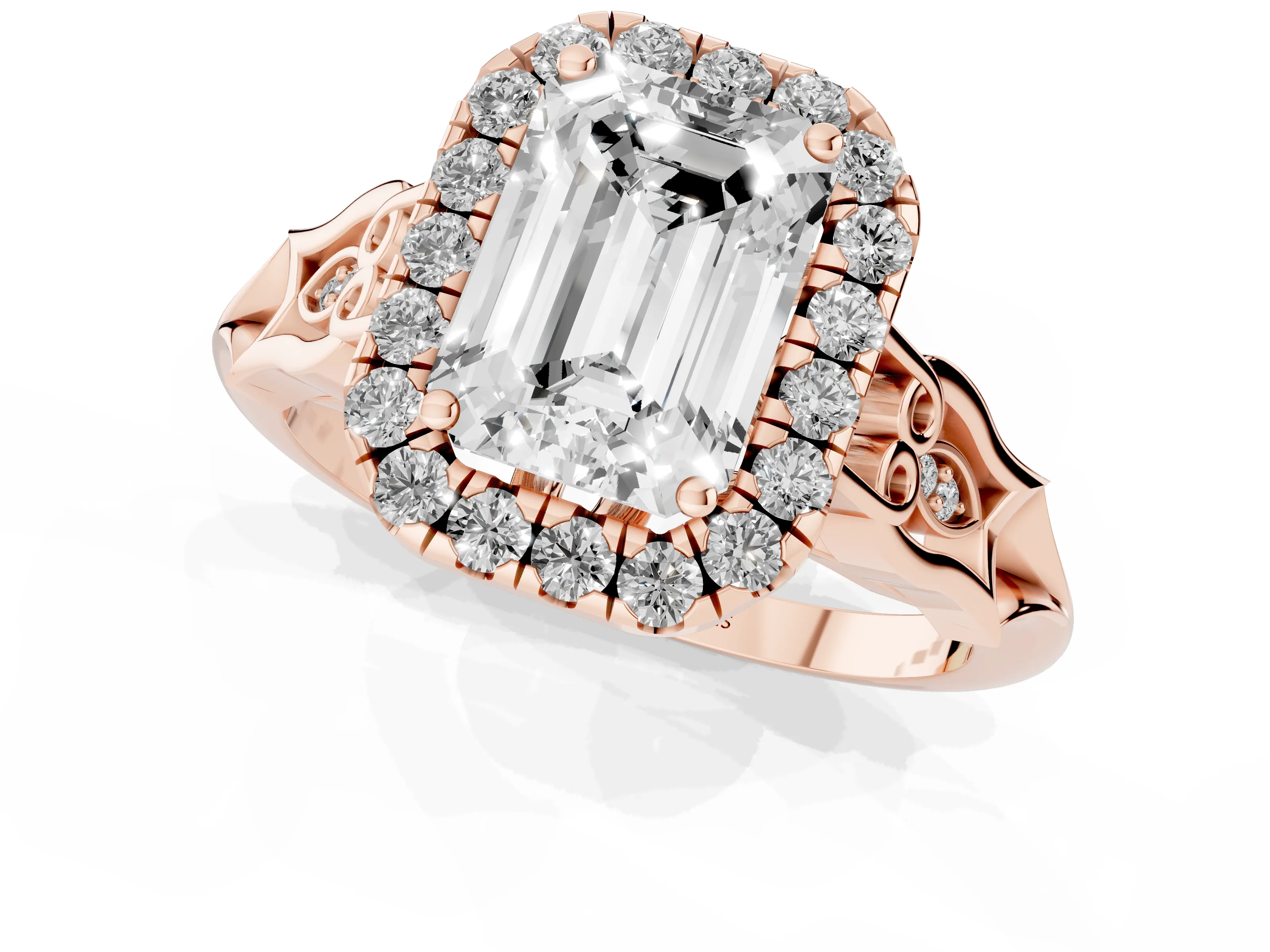Emerald Cut Diamond Halo Engagement Ring Set in Rose gold with Filigree Band and Prong-Set Center
