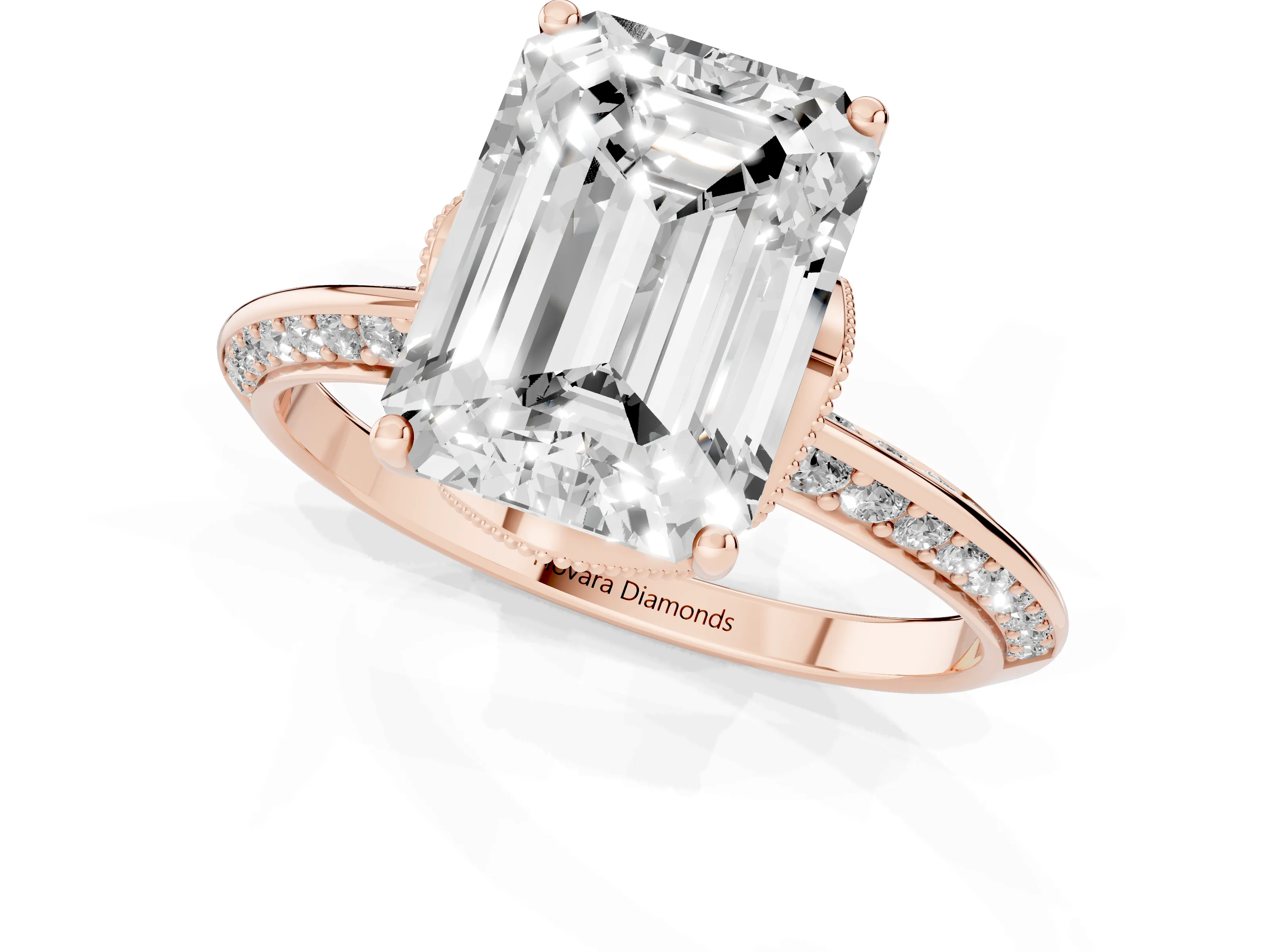 Emerald Cut Diamond Solitaire Engagement Ring Set in Rose gold with Pavé Split Shank and Prong Setting