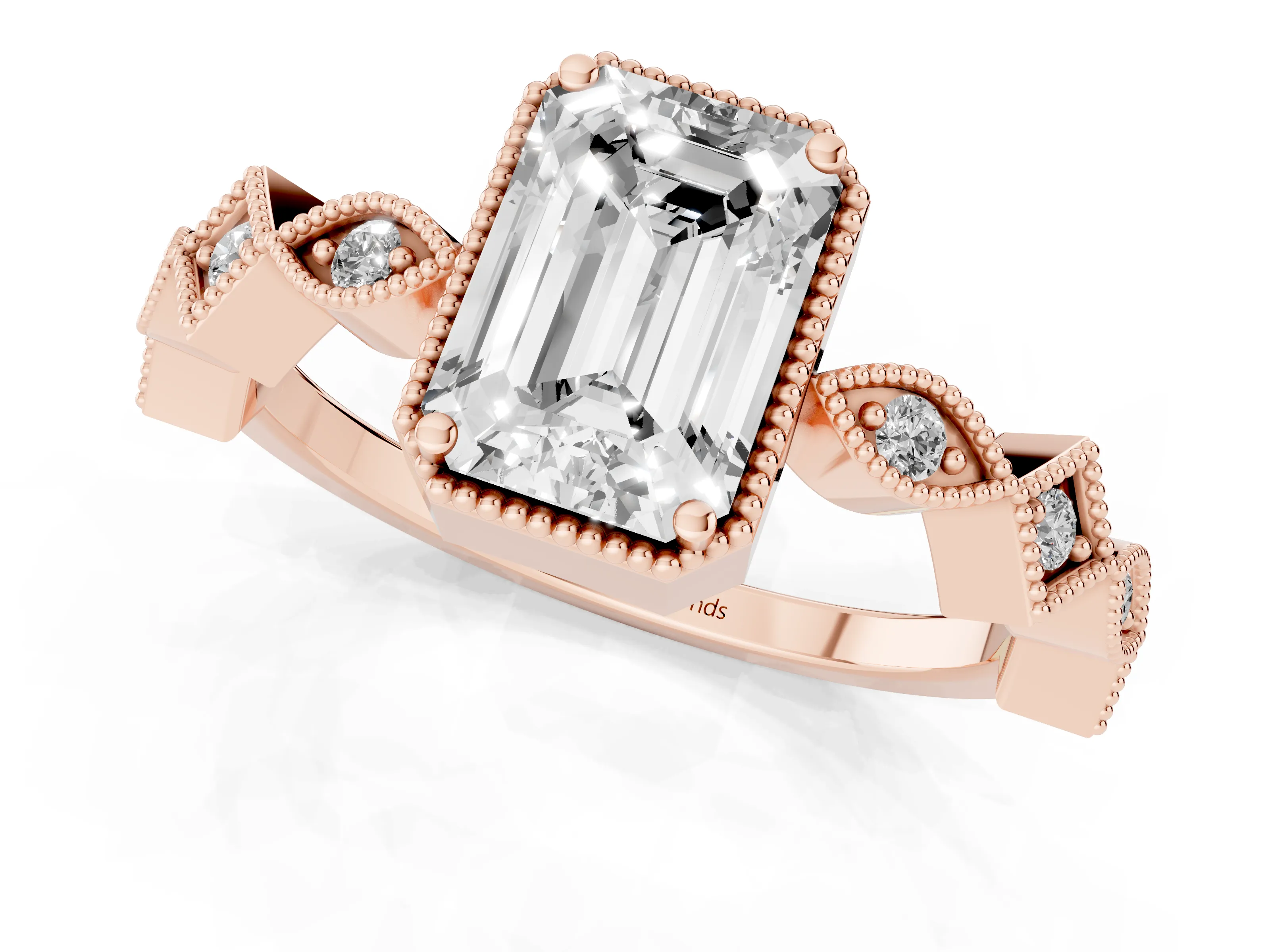 Emerald Cut Diamond Milgrain Marquise Twist Band Ring Set in Rose gold with Prong Setting