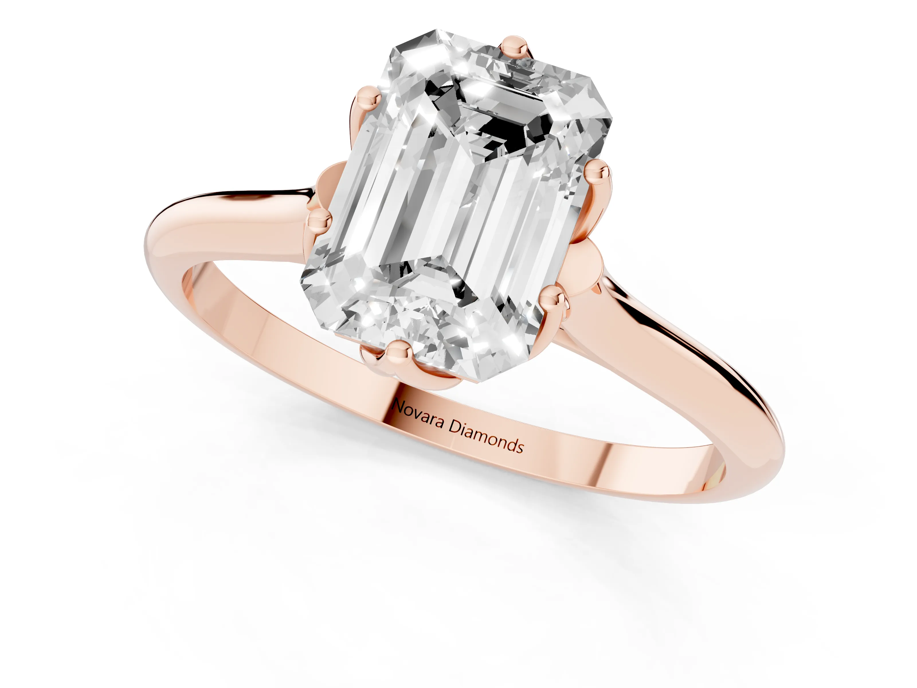 Emerald Cut Diamond Solitaire Cathedral Ring Set in Rose gold with Prong Setting