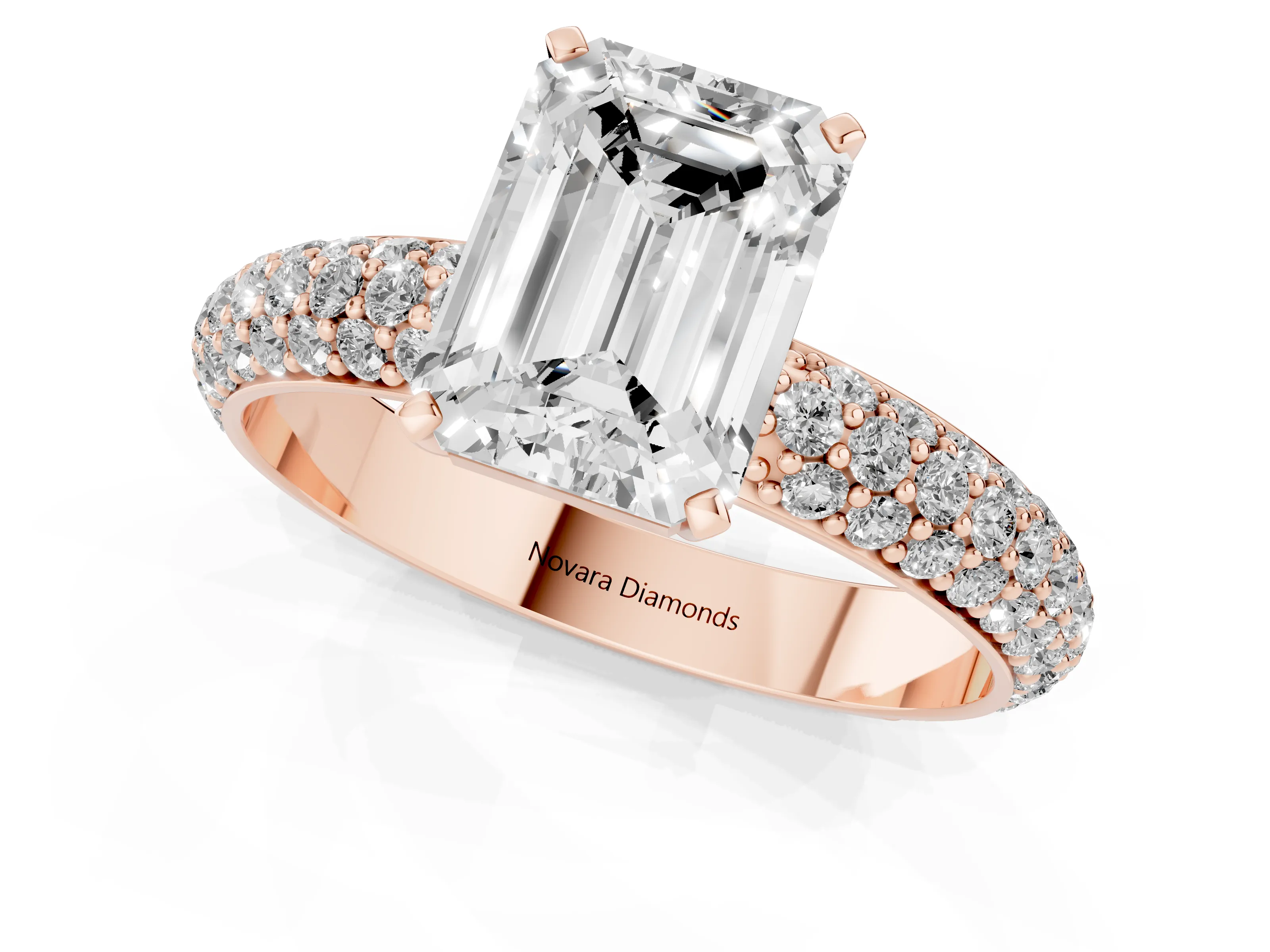 Emerald Cut Diamond Solitaire Ring Set in Rose gold with Prong Setting and Pavé-Set Band