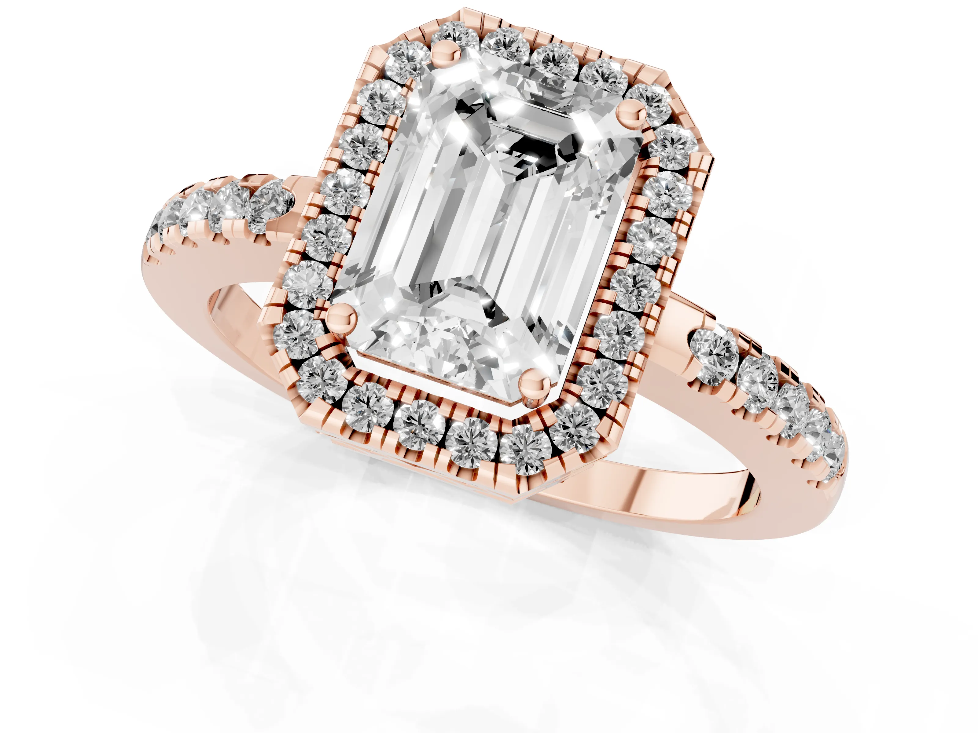 Emerald Cut Diamond Pavé Band Halo Engagement Ring Set in Rose gold with Prong Setting