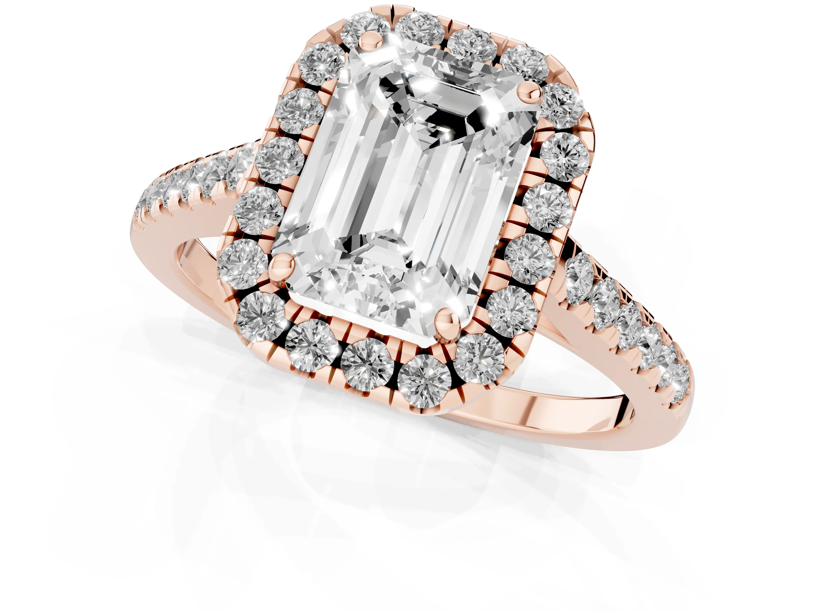 Emerald Cut Diamond Halo Pavé Engagement Ring Set in Rose gold with Prong Setting