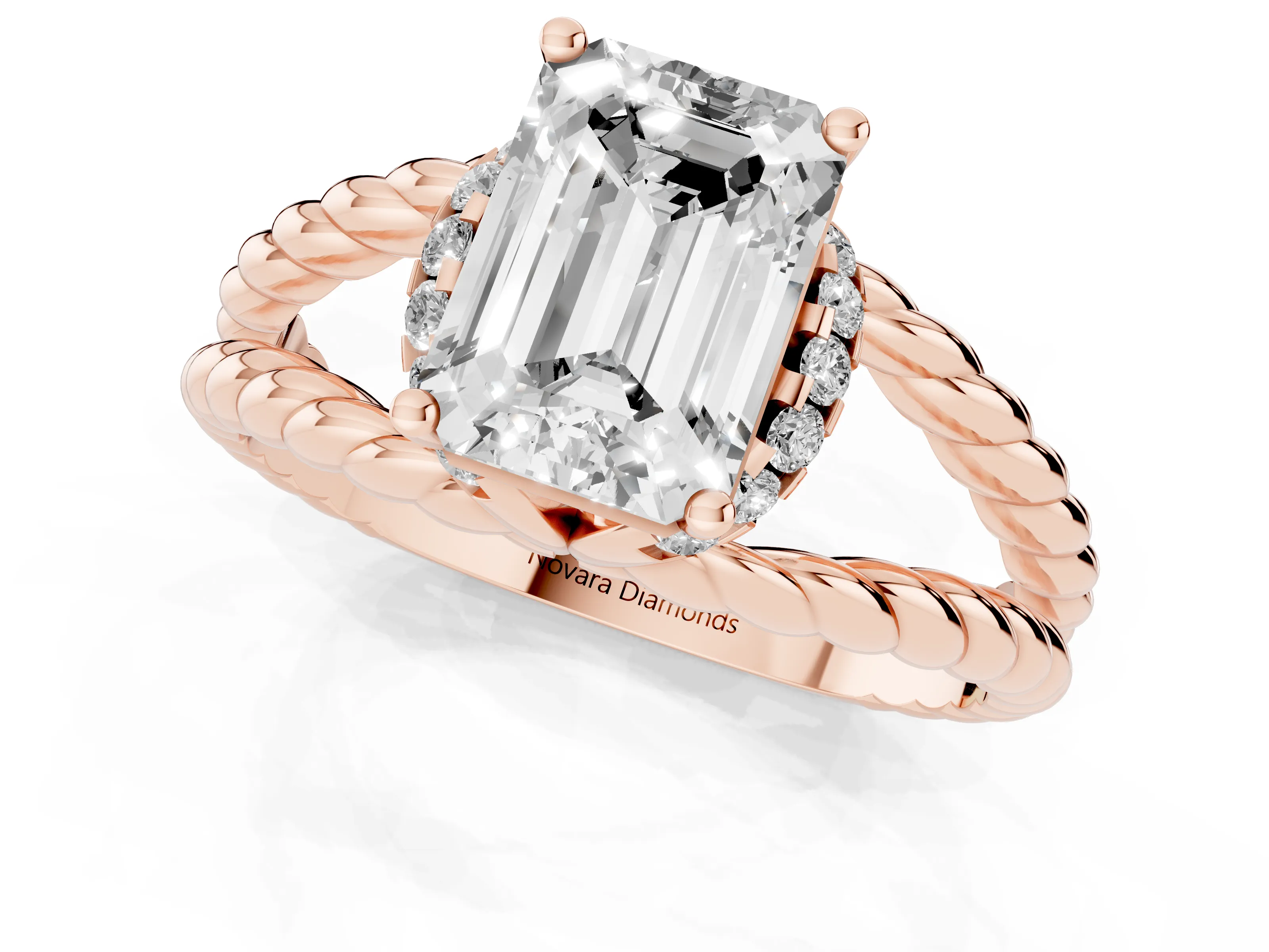 Emerald Cut Diamond Halo Ring Set in Rose gold with Twisted Band and Prong Setting