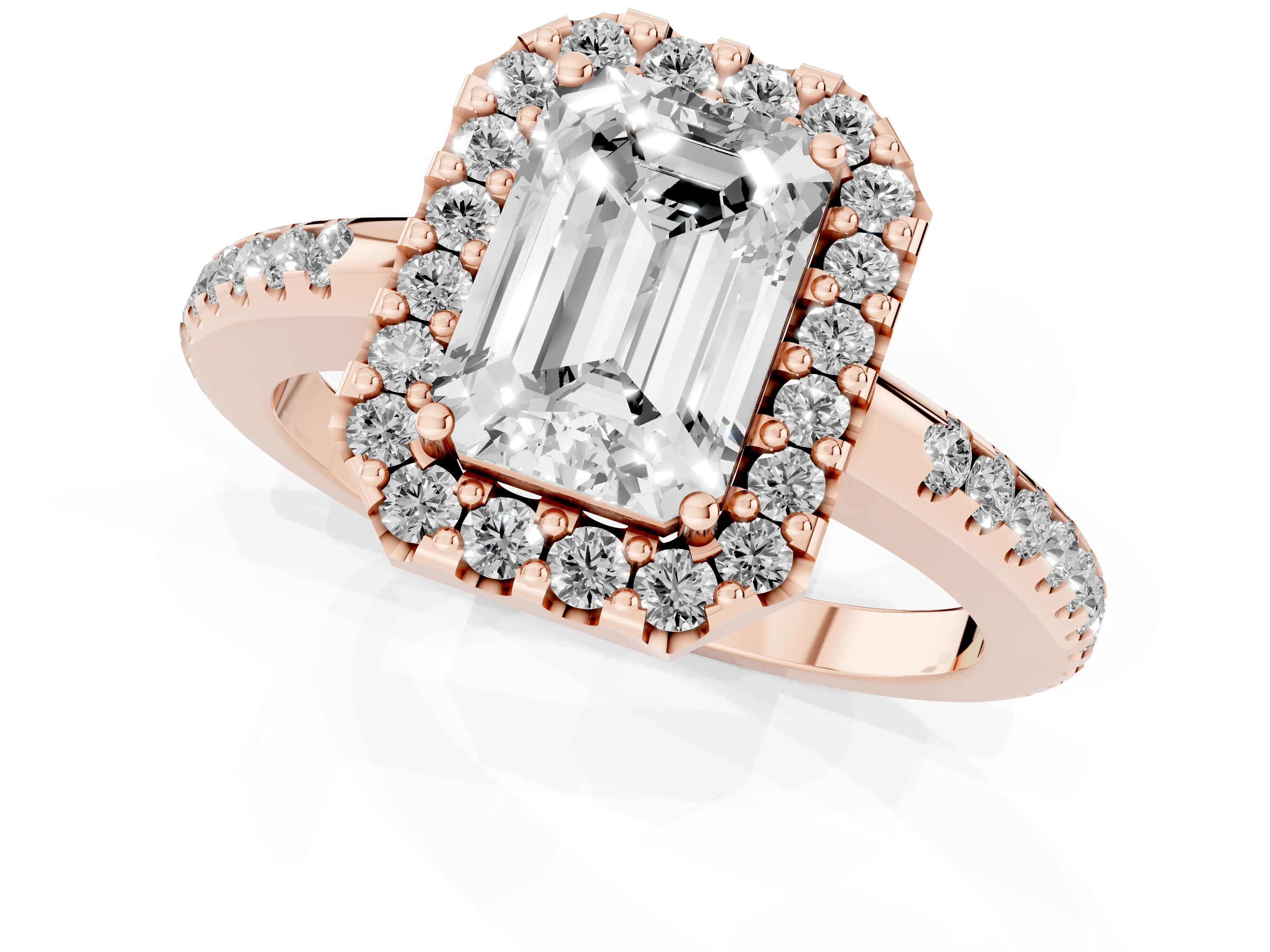 Emerald Cut Diamond Pavé Halo Ring Set in Rose gold with Prong Setting