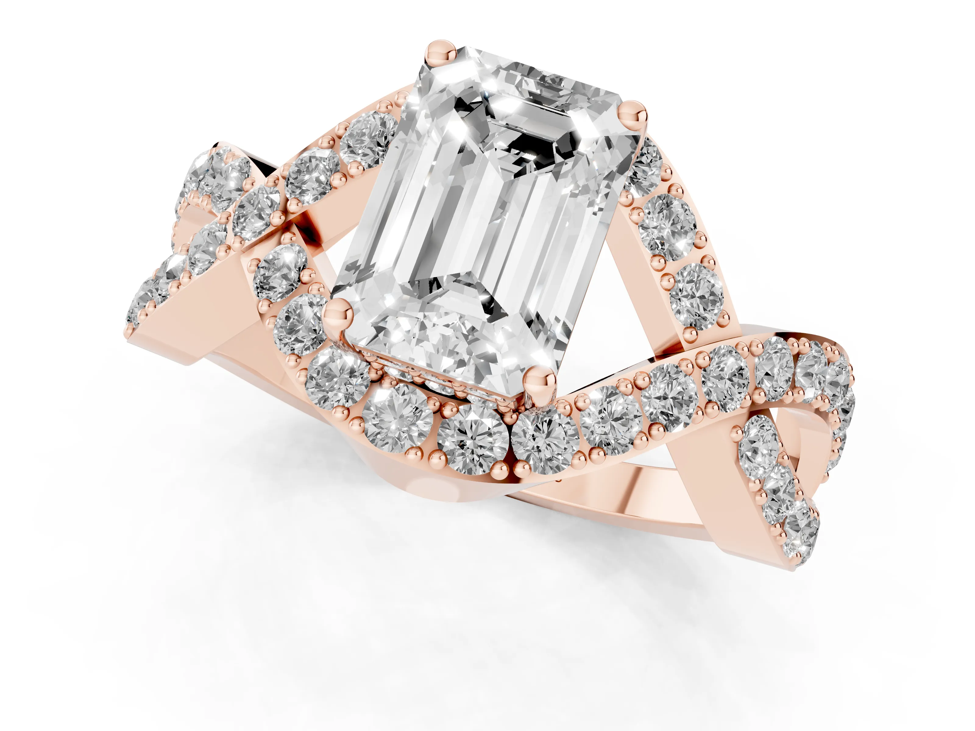 Emerald Cut Diamond Solitaire Twist Band Pavé Engagement Ring Set in Rose gold