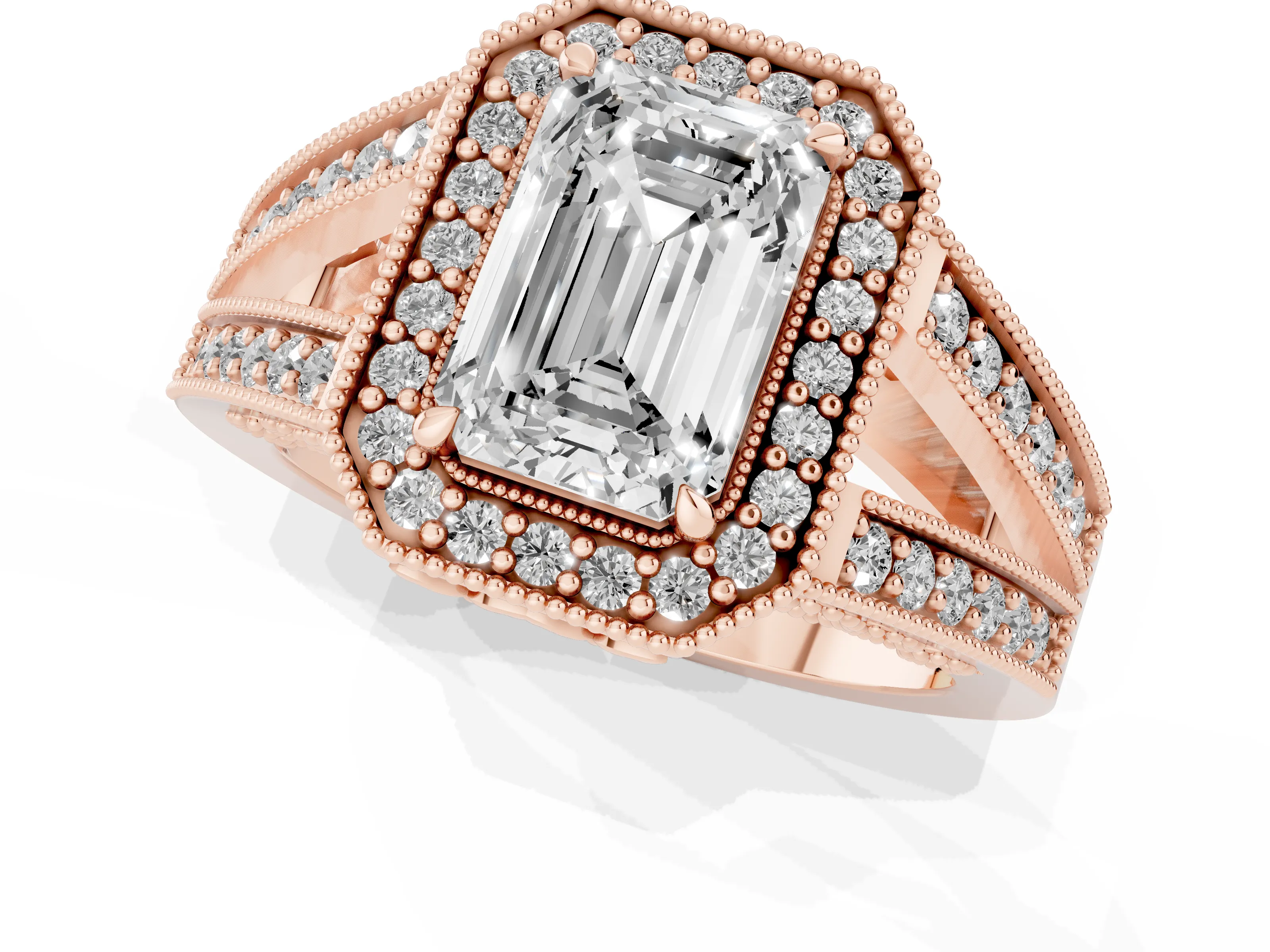 Emerald Cut Diamond Halo Ring Set in Rose gold with Stone-Set Split Shank and Milgrain Edges