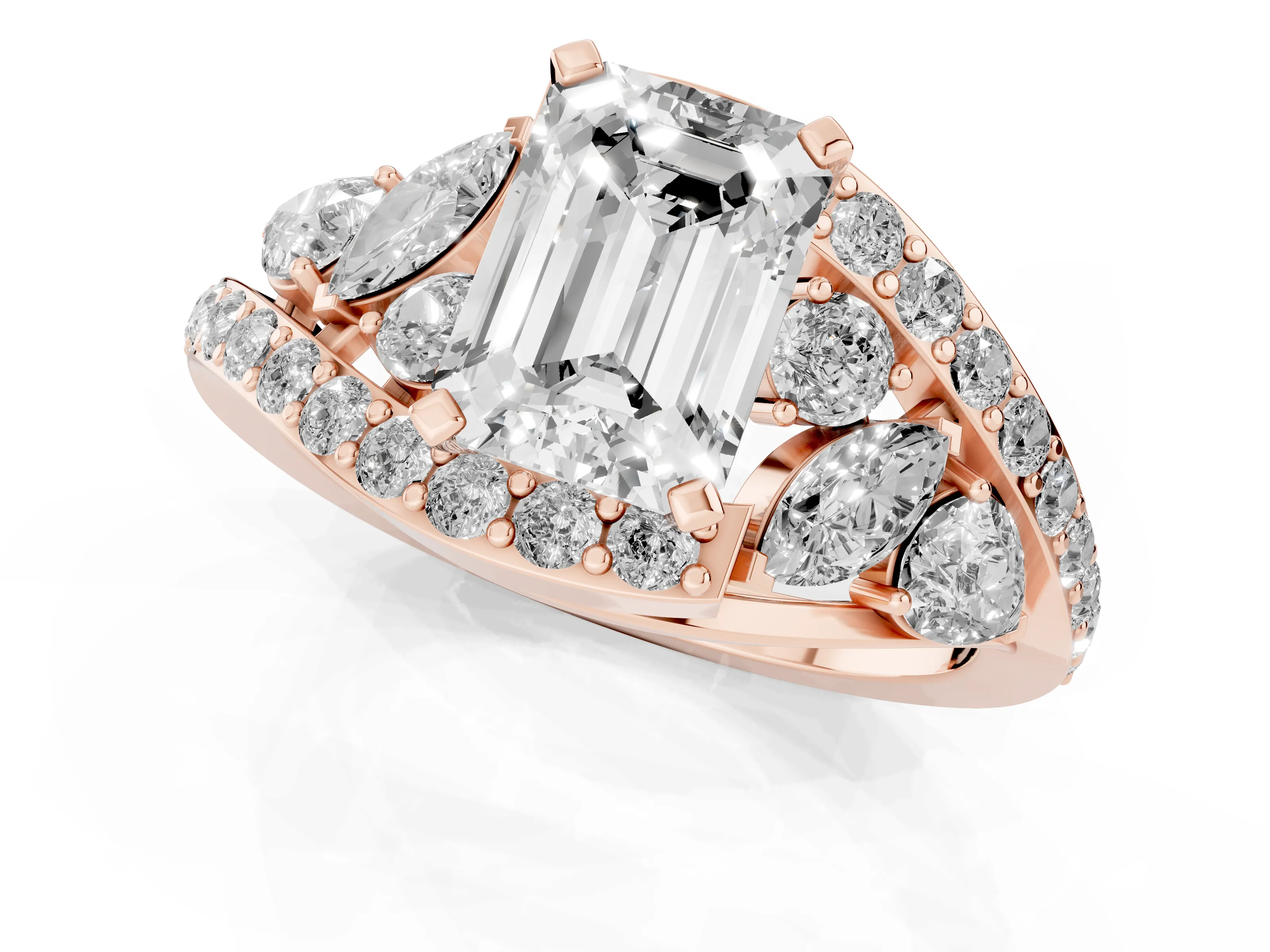 Emerald Cut Diamond Halo Ring Set in Rose gold with Marquise and Pavé Band in Prong Setting