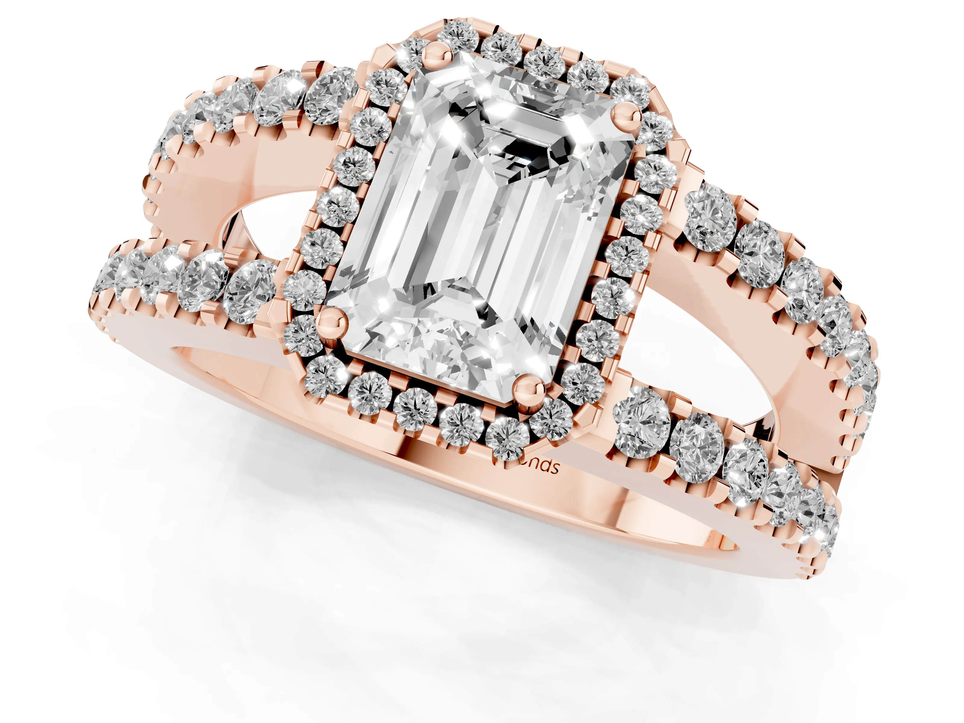 Emerald Cut Diamond Halo Ring Set in Rose gold with Pavé Split Shank and Prong Setting