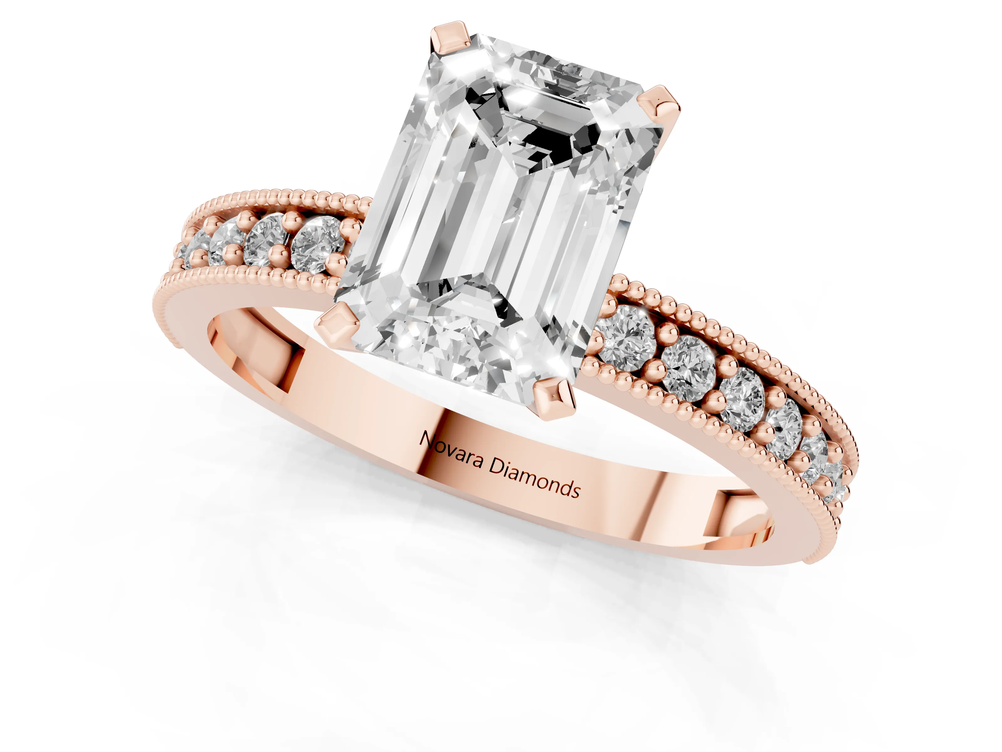 Emerald Cut Diamond Milgrain Pavé Engagement Ring Set in Rose gold with Prong Setting