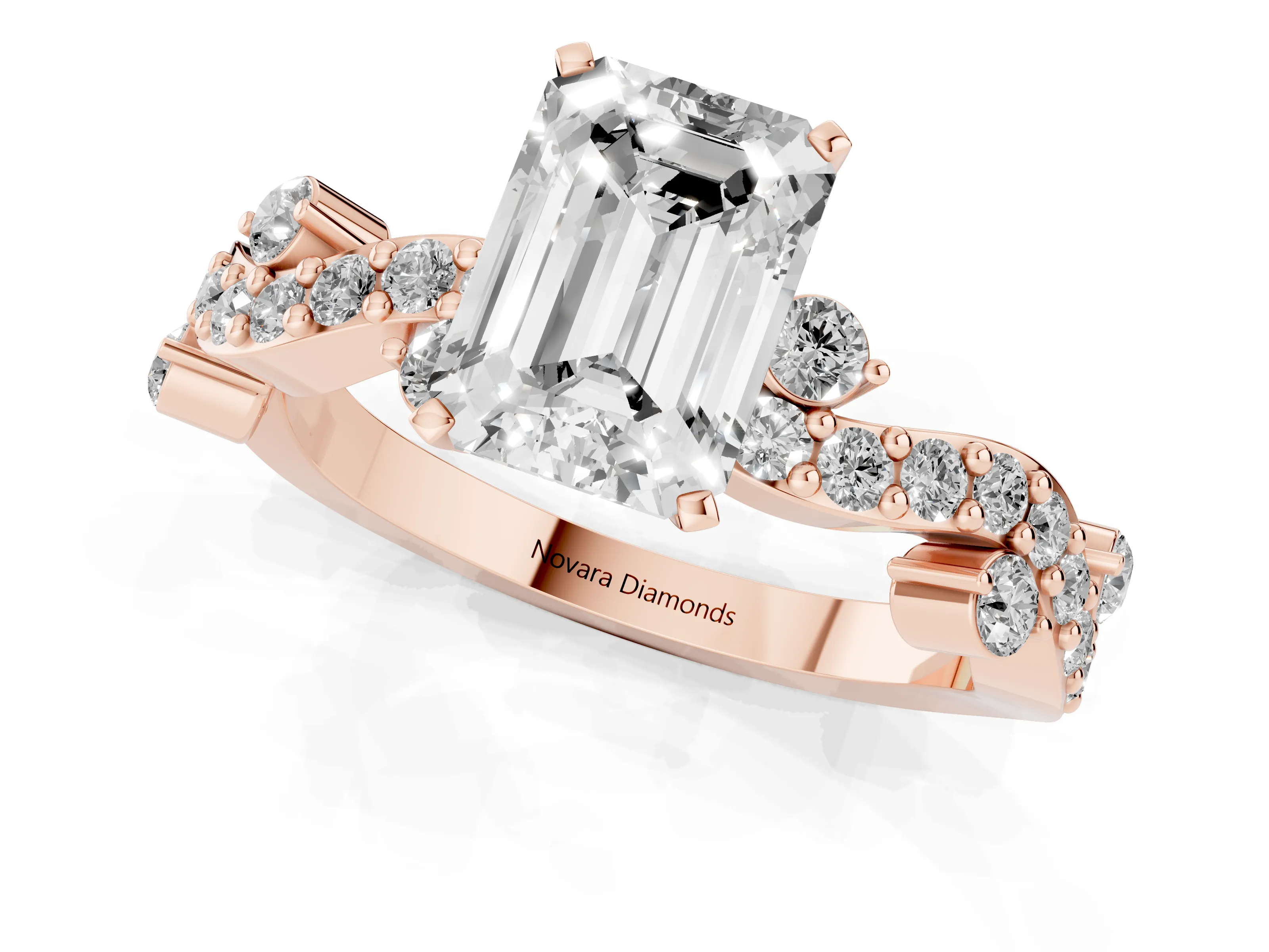Emerald Cut Diamond Solitaire Twisted Band Set in Rose gold with Pavé Setting