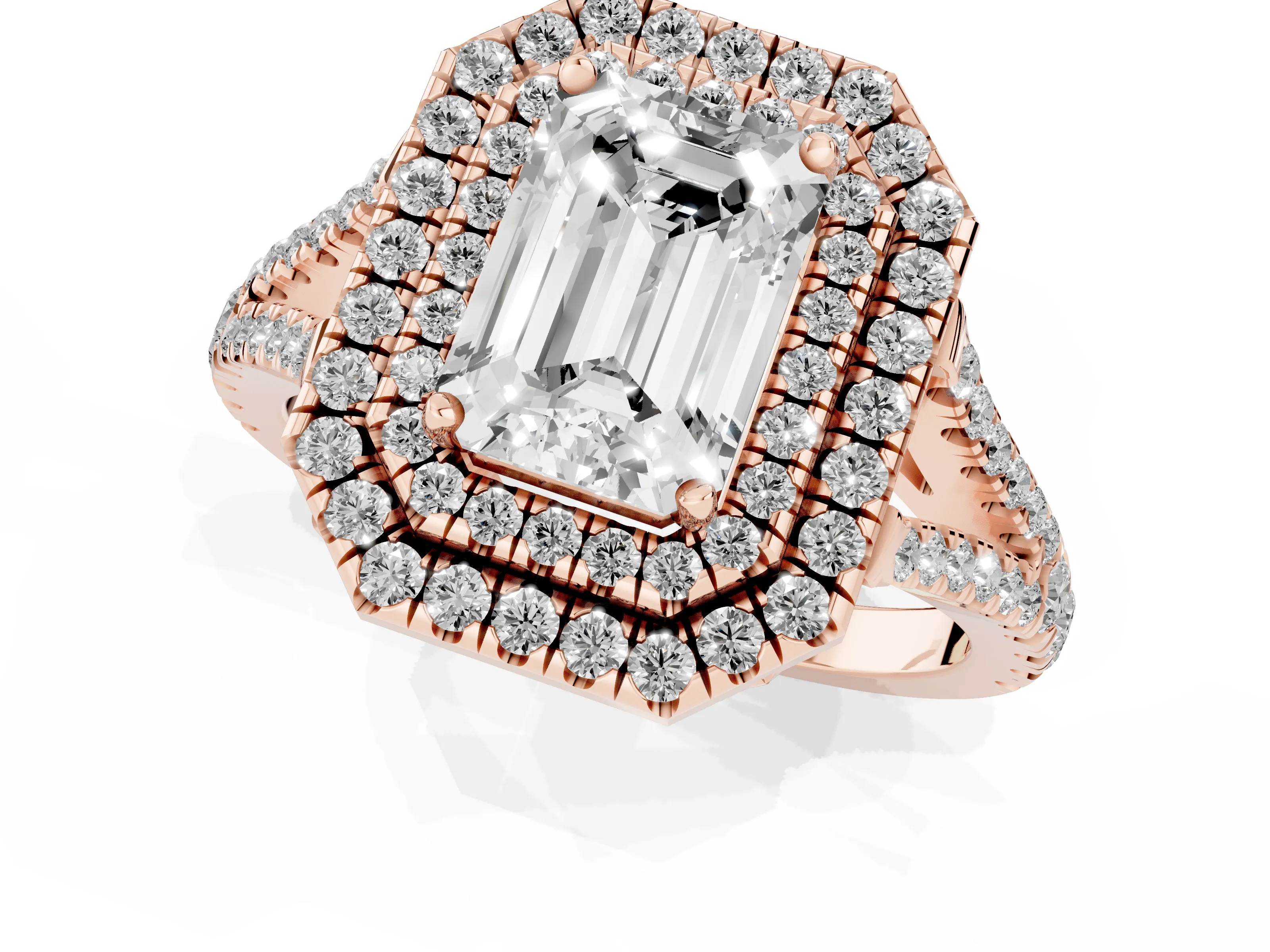 Emerald Cut Diamond Double Halo Ring Set in Rose gold with Pavé Band