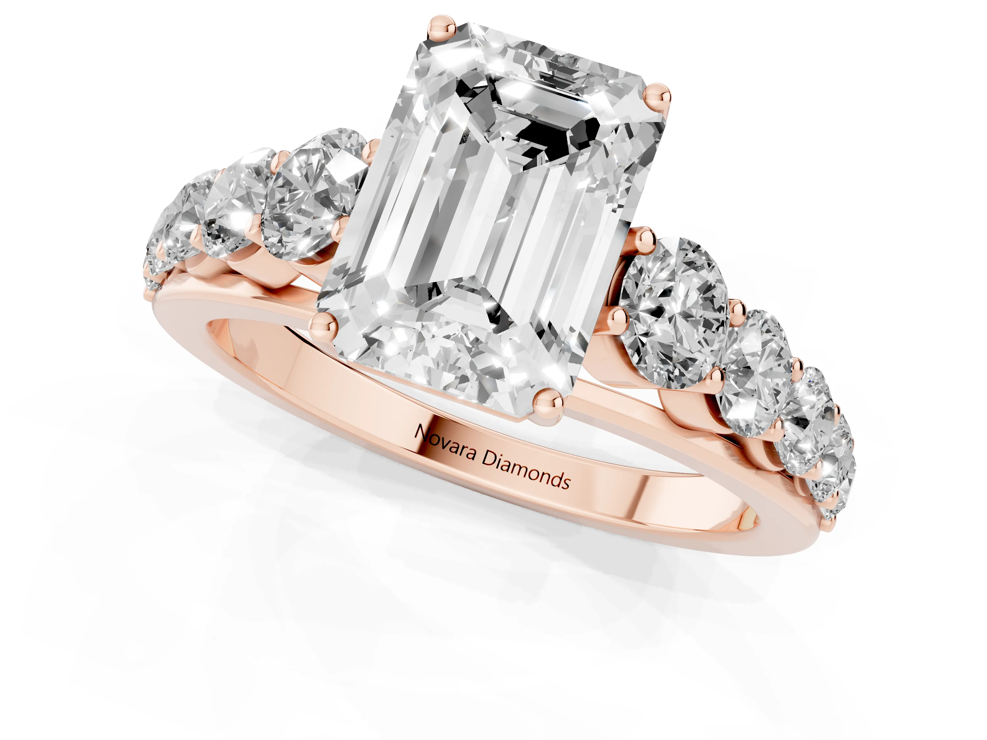 Emerald Cut Diamond Solitaire Ring Set in Rose gold with Pavé-Set Band and Prong Setting