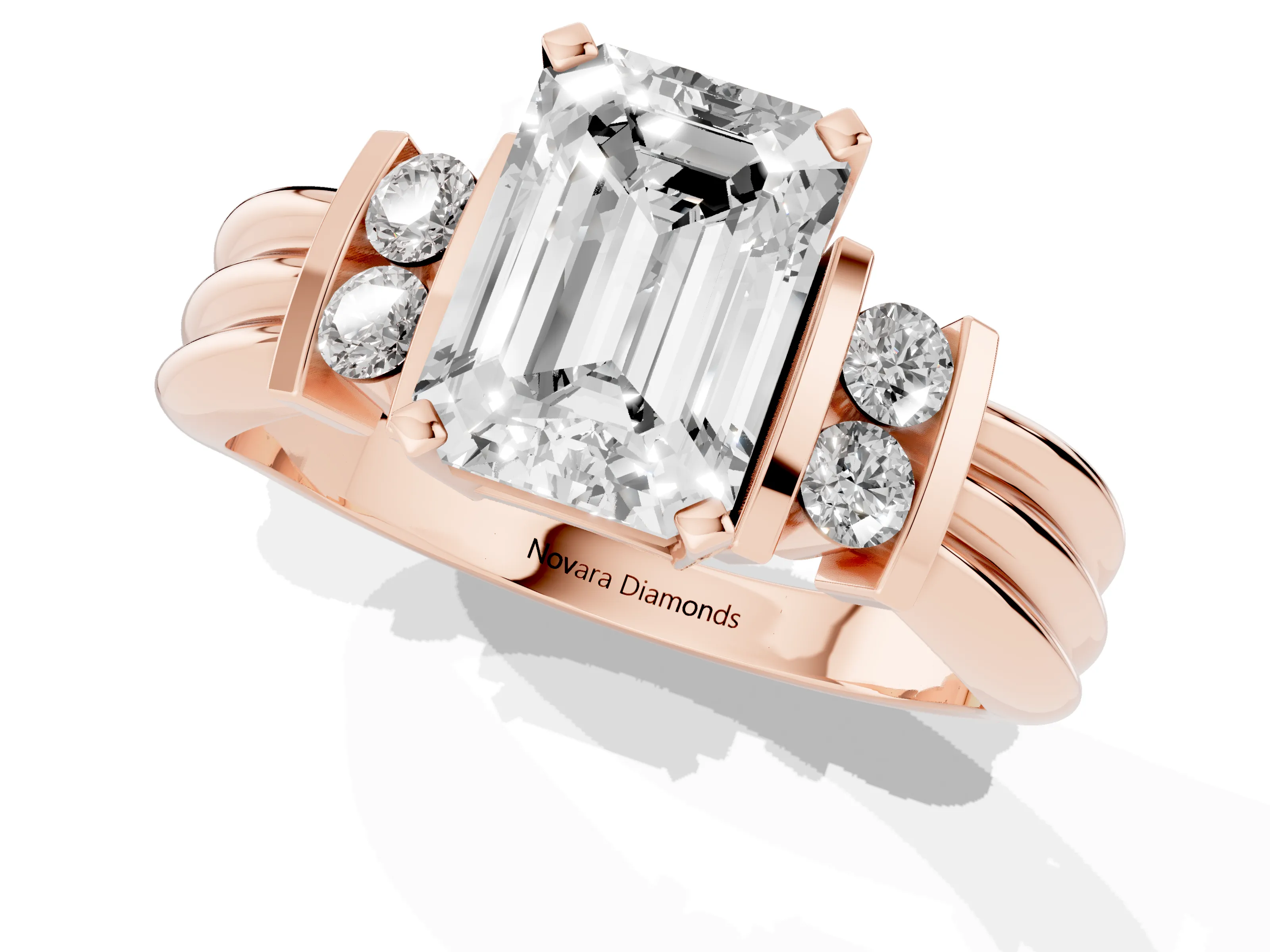 Three-Stone Emerald Cut Diamond Channel Set Ring Set in Rose gold with Bar Prongs