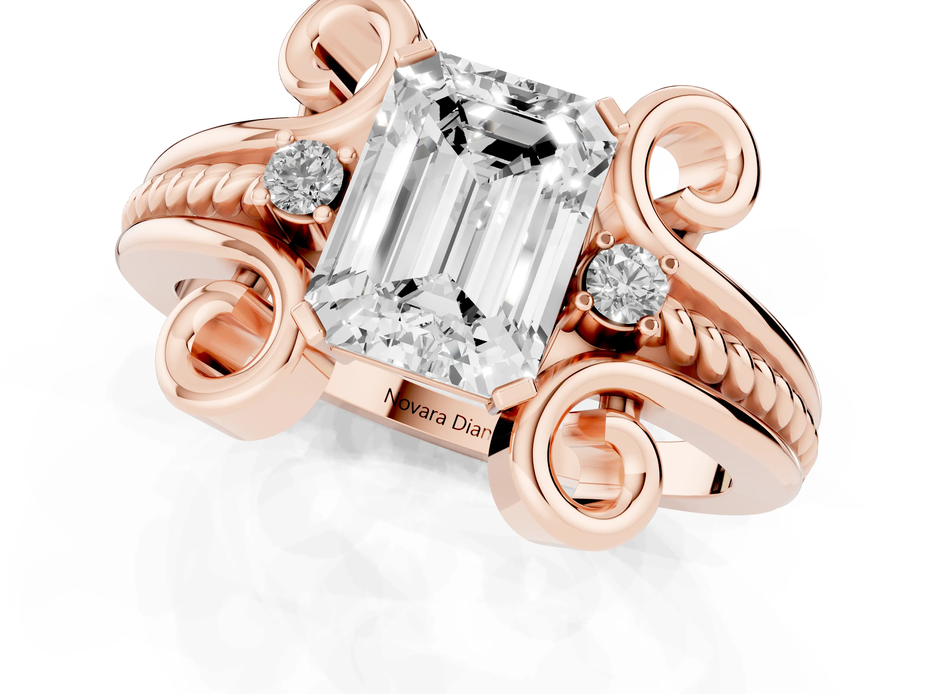 Emerald Cut Diamond Twisted Band Solitaire Ring Set in Rose gold with Scroll Prongs