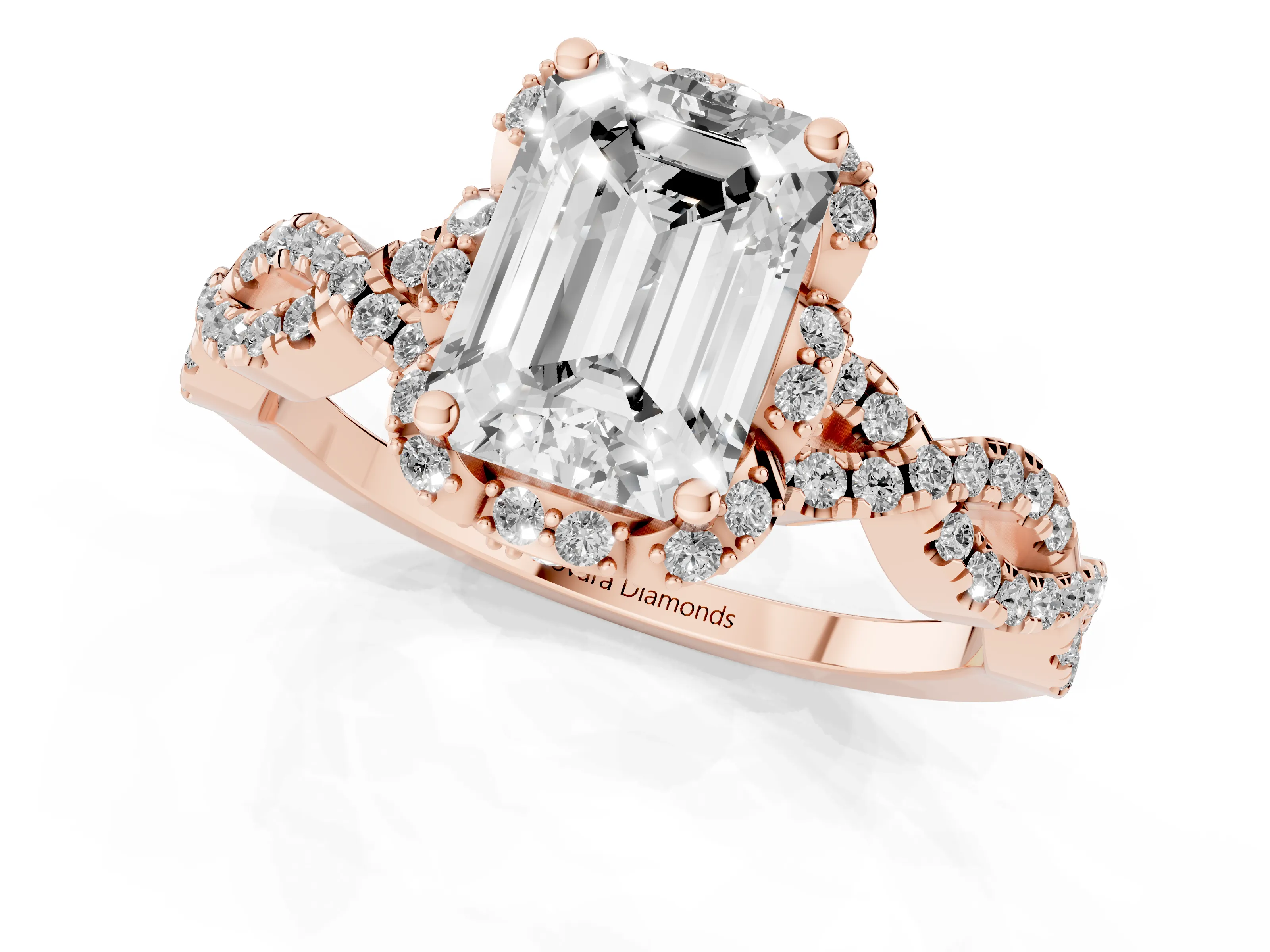 Emerald Cut Diamond Halo Twist Band Solitaire Ring Set in Rose gold with Prong-Set Center Stone
