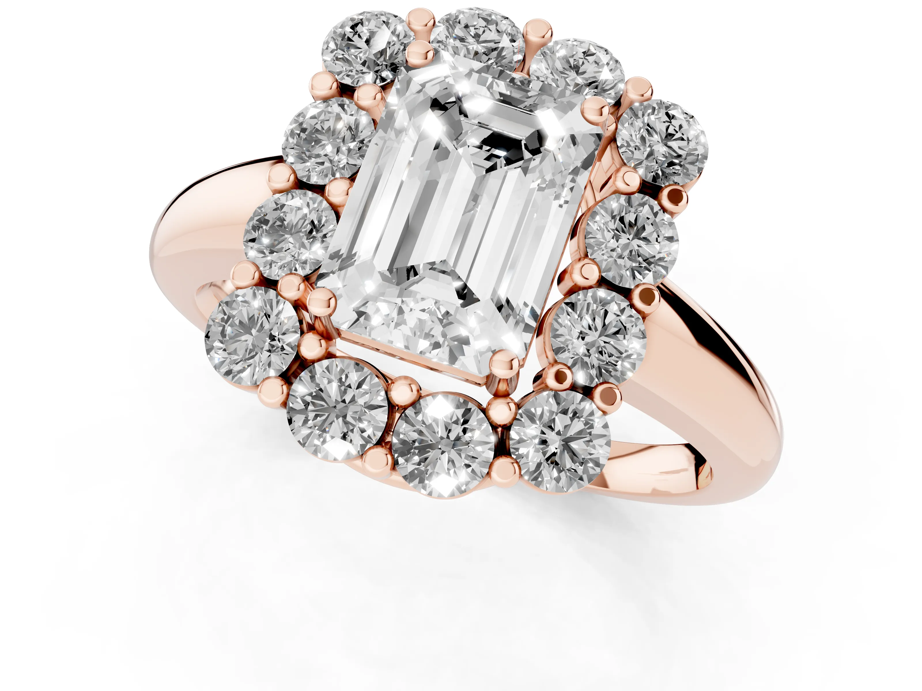 Emerald Cut Diamond Halo Cluster Engagement Ring Set in Rose gold with Polished Band and Prong Setting