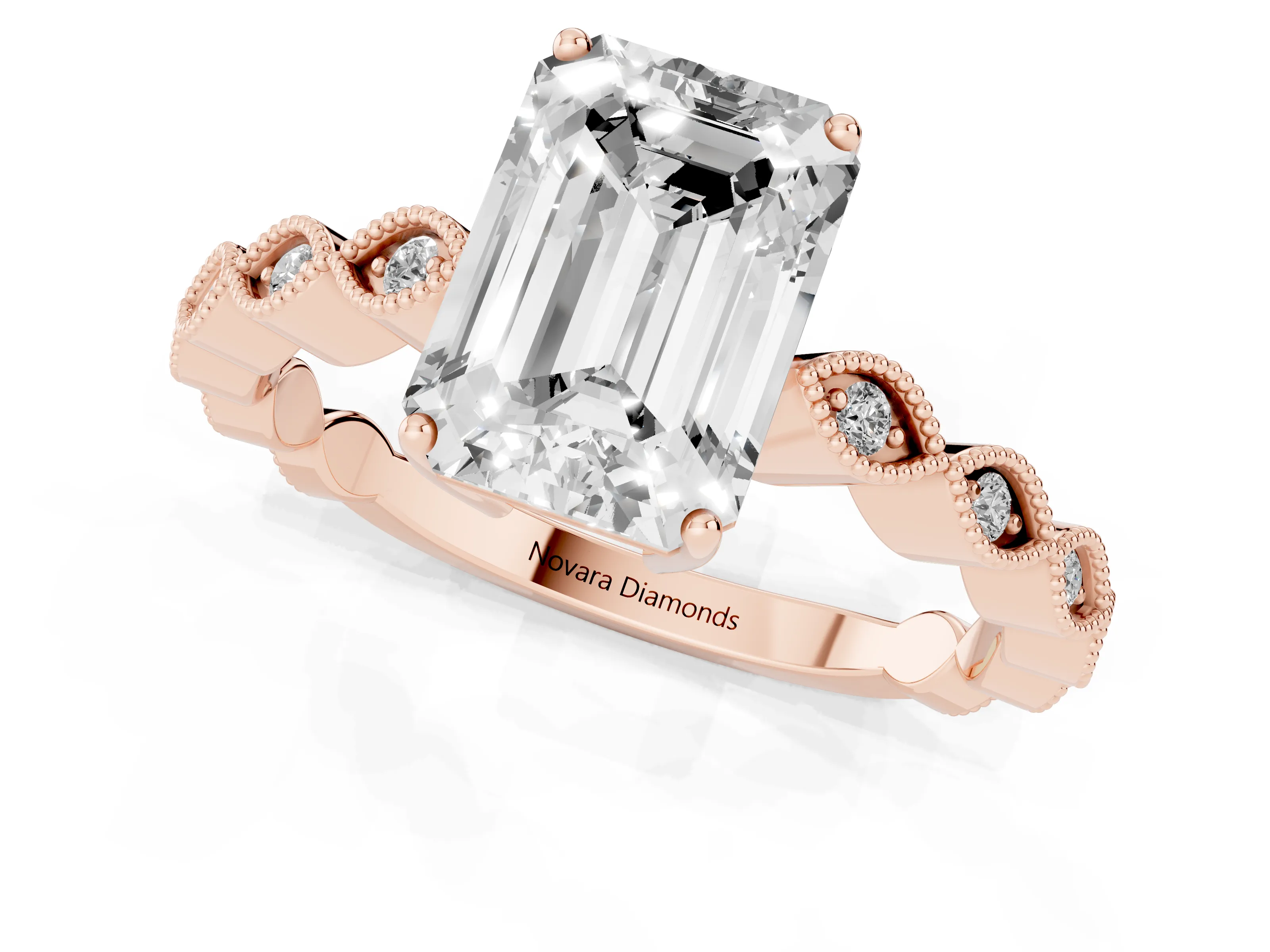 Emerald Cut Diamond Solitaire Ring Set in Rose gold with Infinity Twist Pavé Band
