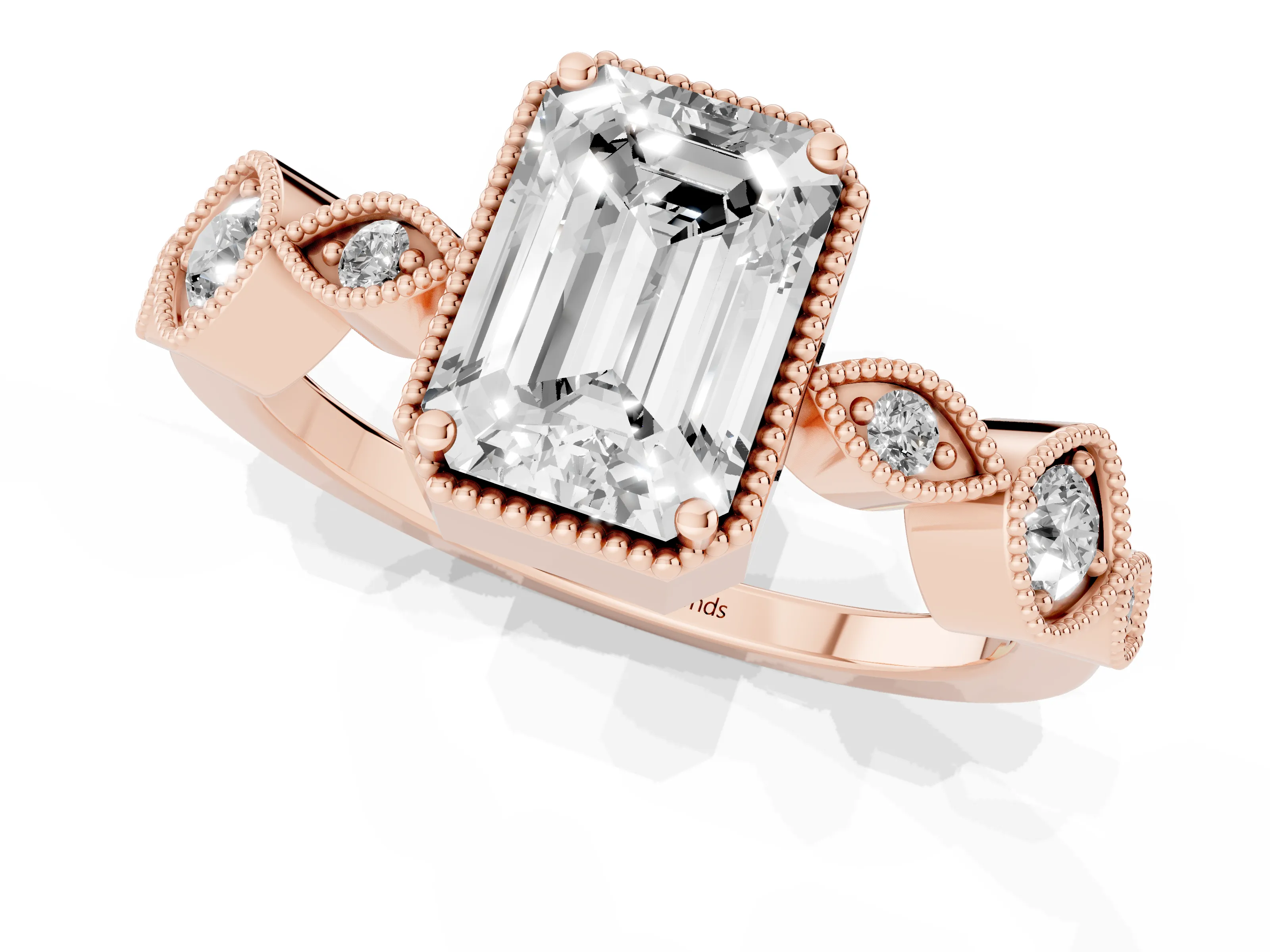 Emerald Cut Diamond Vintage-Inspired Milgrain Ring Set in Rose gold with Marquise Stations of Round Accents