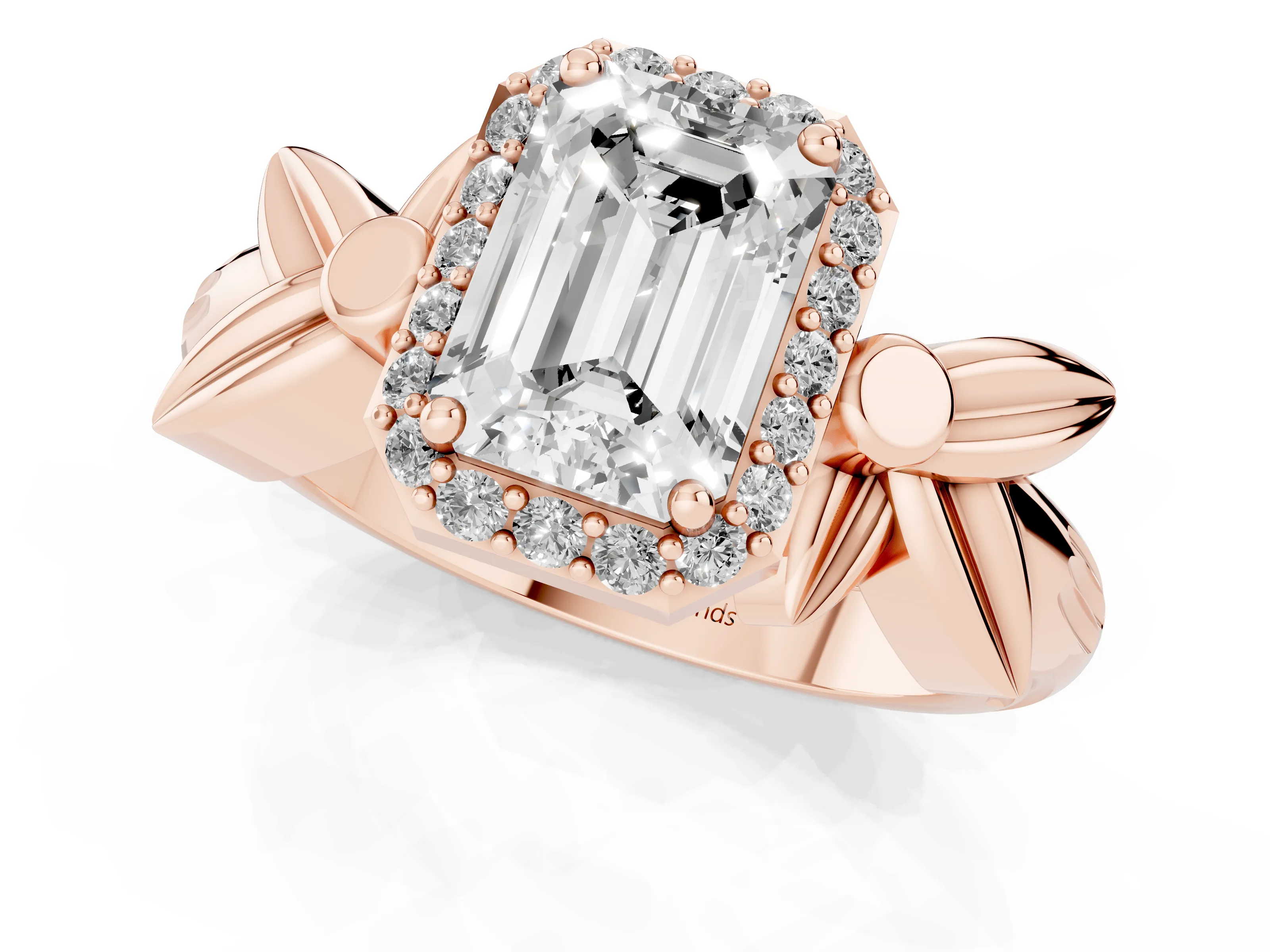 Emerald Cut Diamond Halo Floral Band Ring Set in Rose gold with Prong Setting