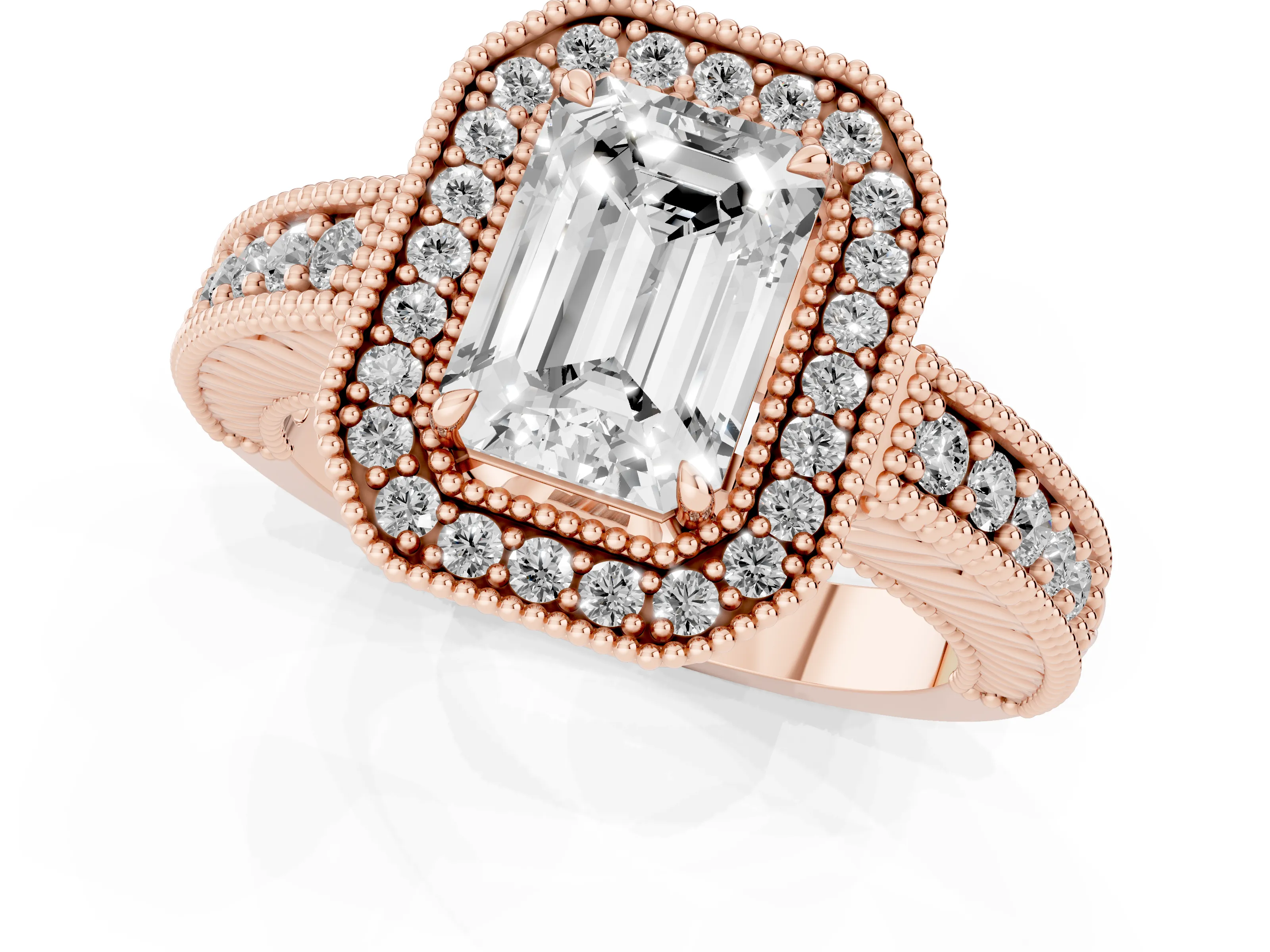 Emerald Cut Diamond Halo Ring Set in Rose gold with Round Accent Halo, Pavé Band and Prong Setting