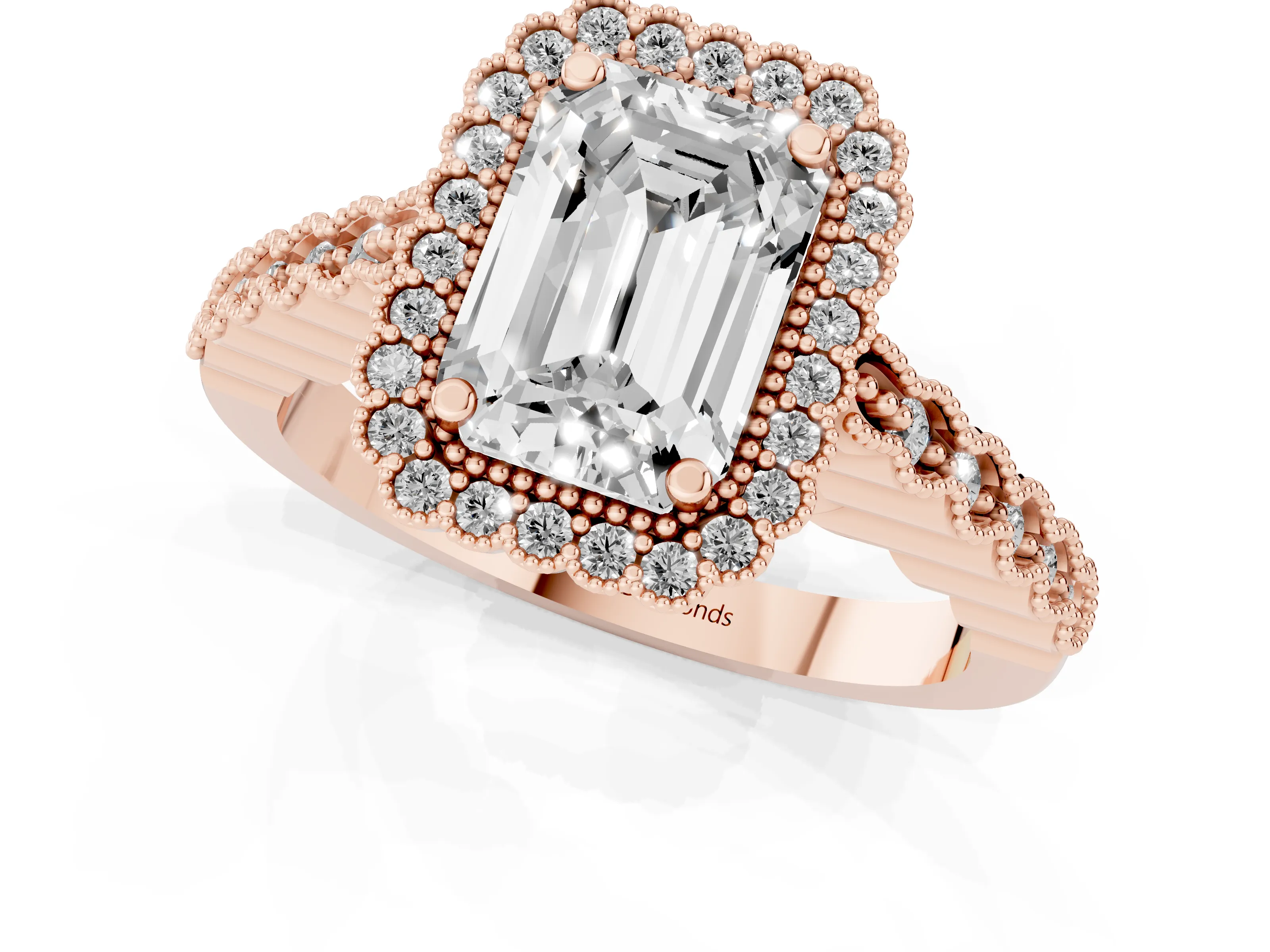 Emerald Cut Diamond Halo Ring Set in Rose gold with Pavé Milgrain Band