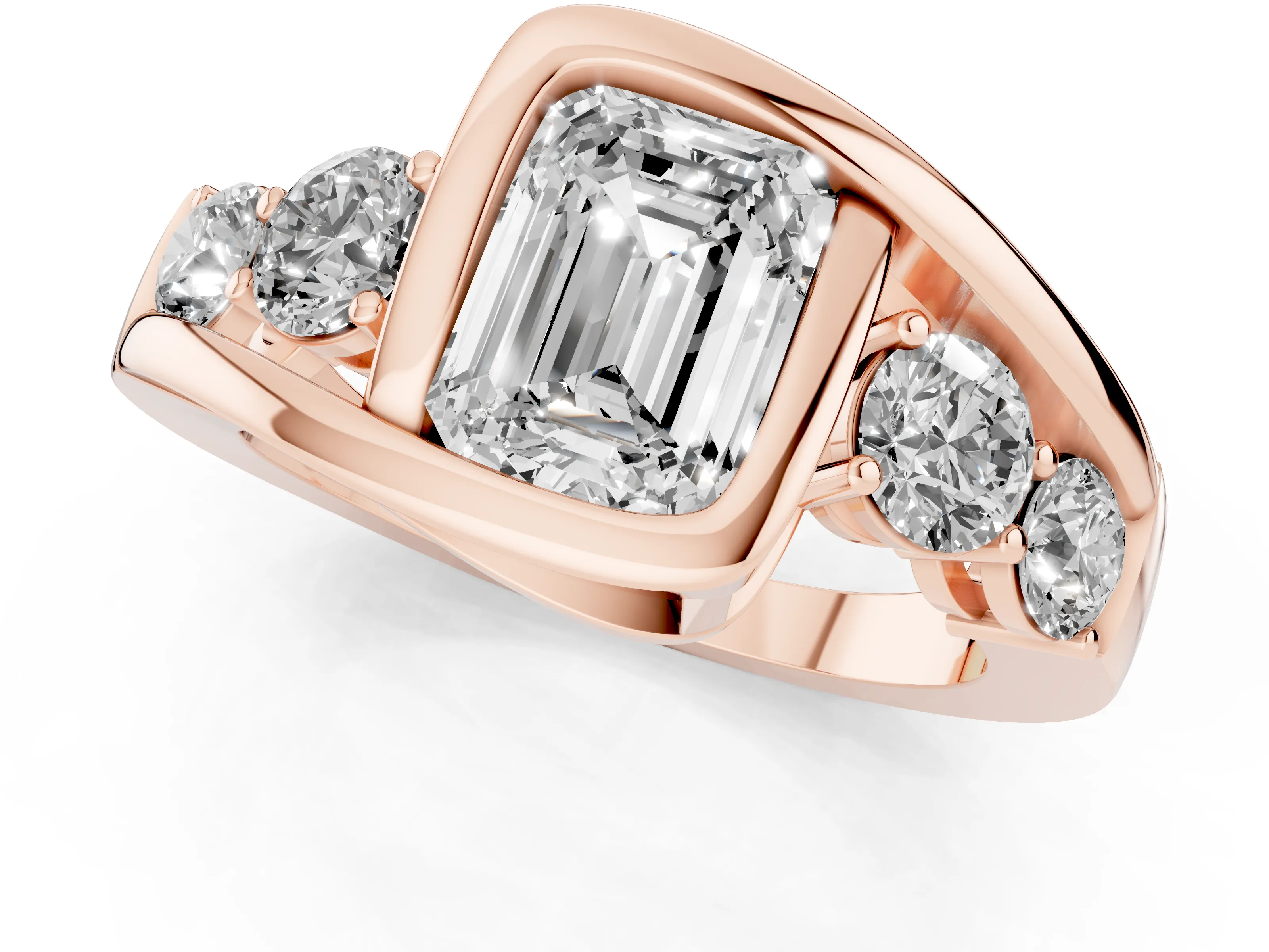 Emerald Cut Diamond Bezel Bypass Ring Set in Rose gold with Round Accents