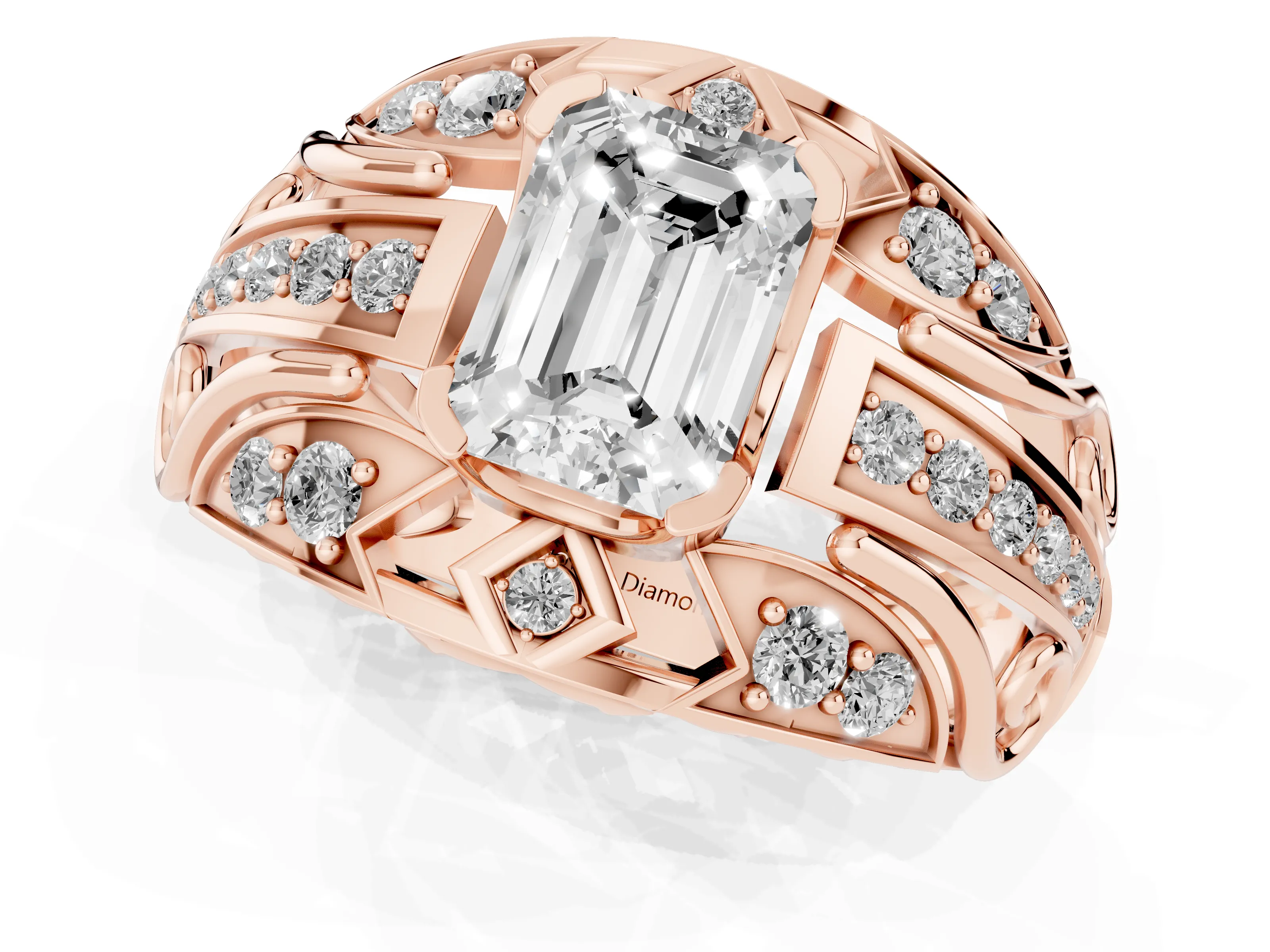 Emerald Cut Diamond Art Deco Ring Set in Rose gold with Pavé Split Shank