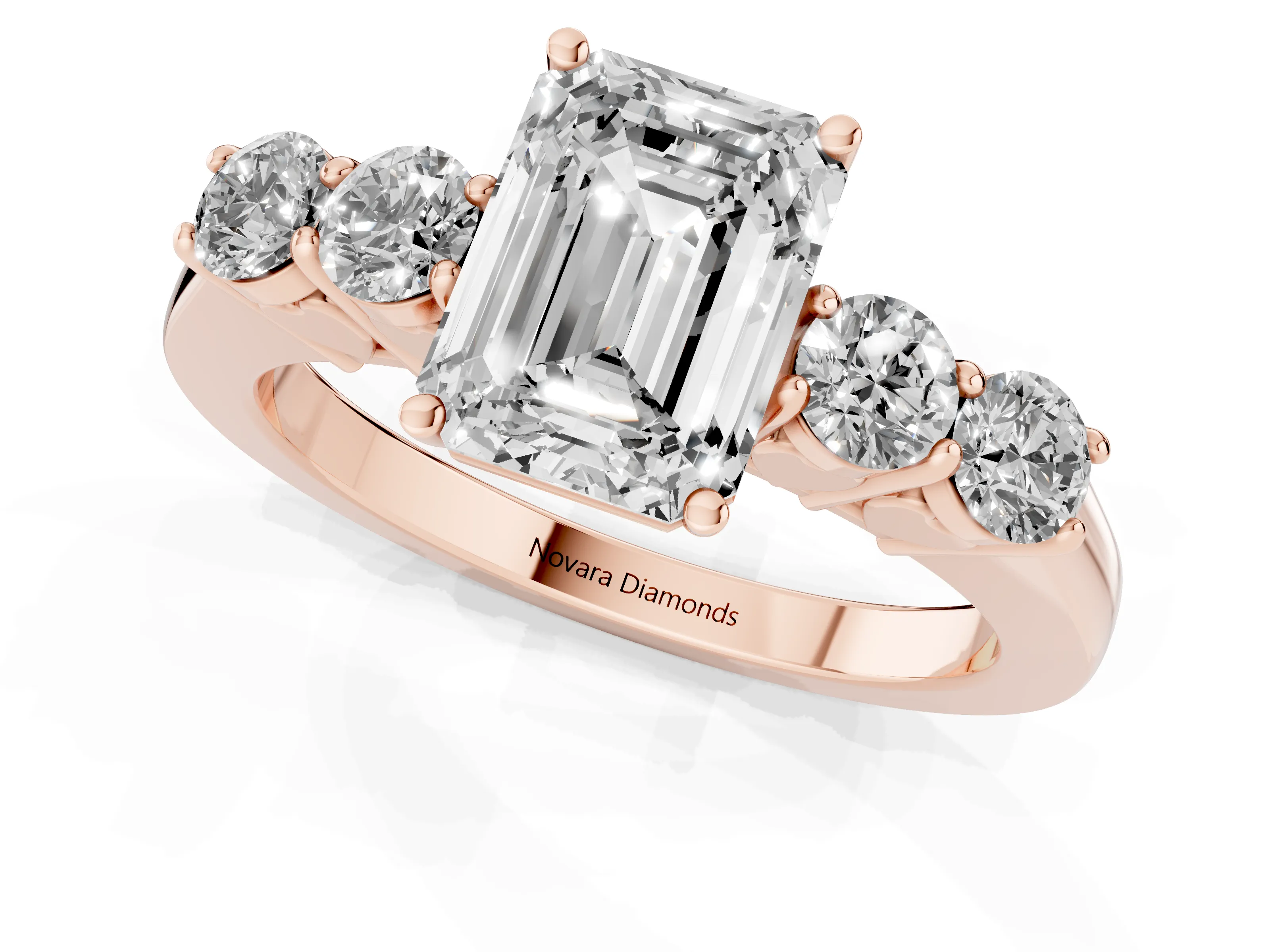 Emerald Cut Diamond Five-Stone Prong Set Band Ring Set in Rose gold with Polished Band