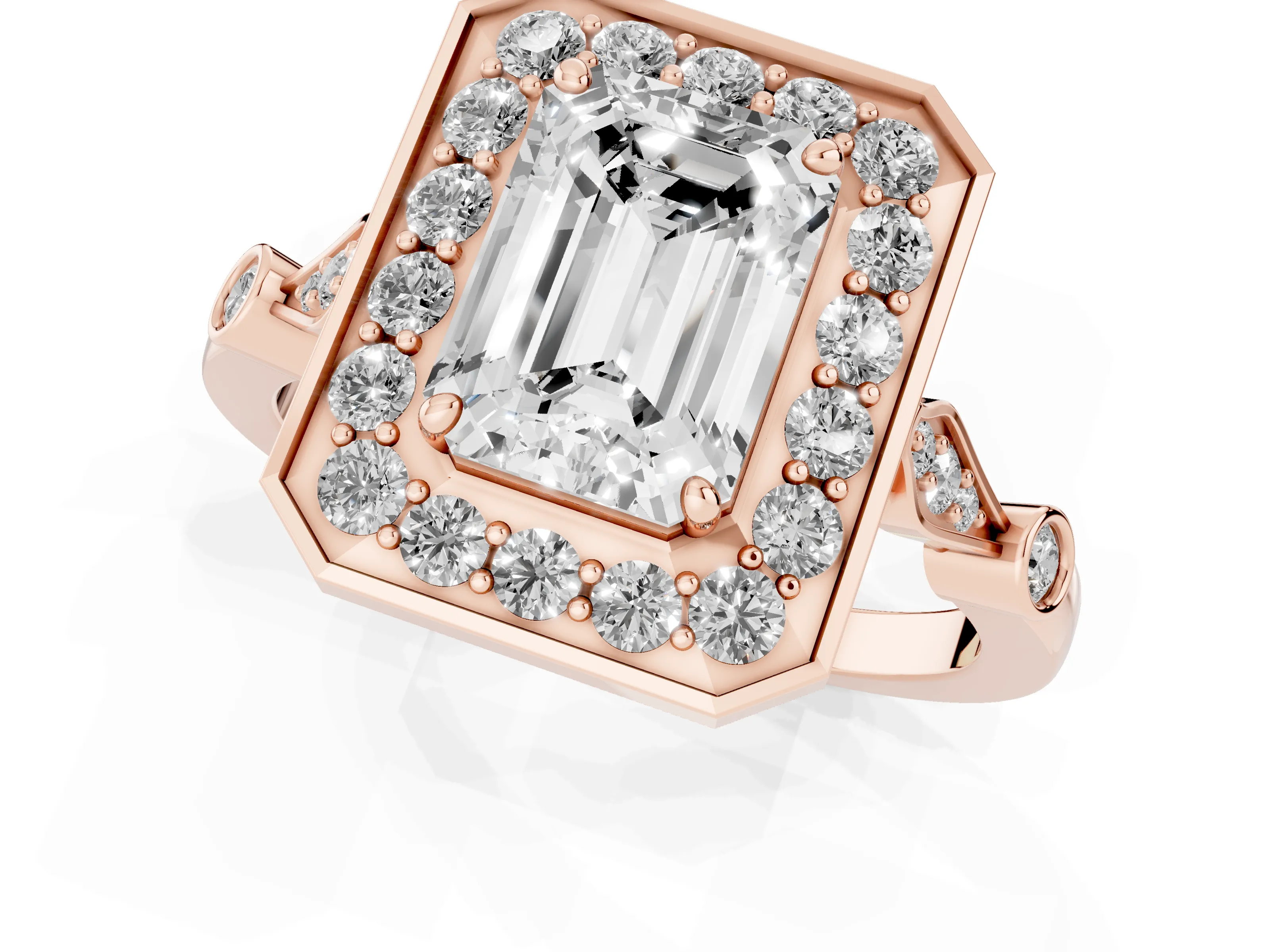Emerald Cut Diamond Halo Engagement Ring Set in Rose gold with Twisted Band and Prong Setting
